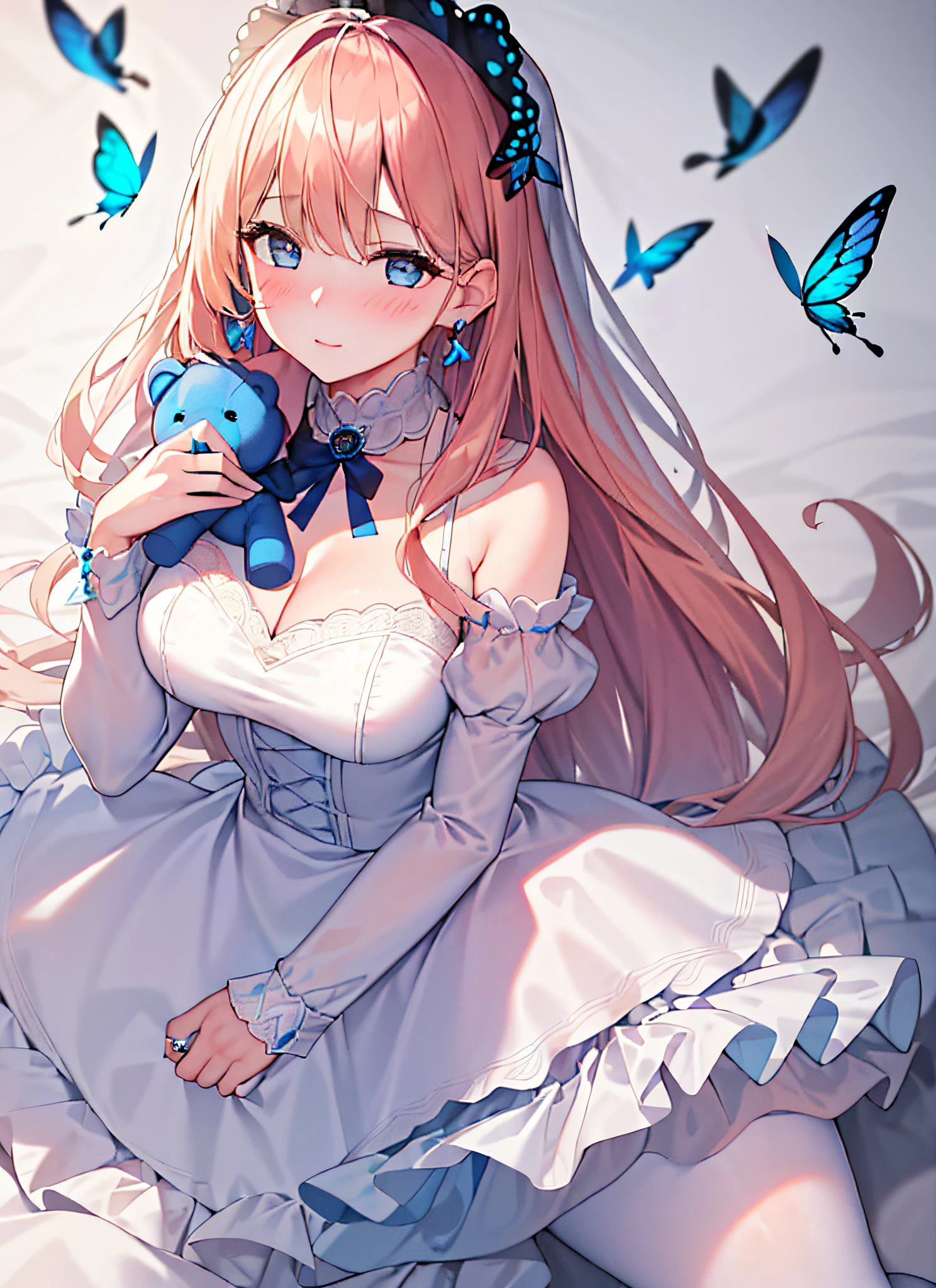 Girl holding a teddy bear, masterpiece, (8k, best quality, masterpiece: 1.2), highly detailed, ultra-detailed, masterclass, best quality, illustration, hair_between_eyes, perfect lighting, ring, earrings, blush, blush nose, multicolored hair, long hair, blue eyes, blue butterflies, fashionable clothes.