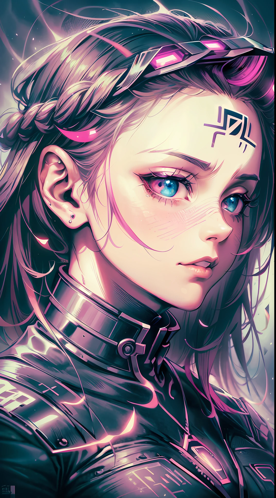 Generate a hyper-realistic close-up portrait of a beautiful cyborg with purple and white elements, rendered in a stunning artistic style reminiscent of Simon Prades, Huang Guangjian, Russ Mills, and Shaun Ryken. The scene should feature a sci-fi art brain in the background, with a heavenly ambience. The image must be in UHD (8k) resolution and display elements of heavy metal editorial art, with a complex and hyper-detailed composition. Inspired by Dan Mumford's modern surrealist masterpiece.