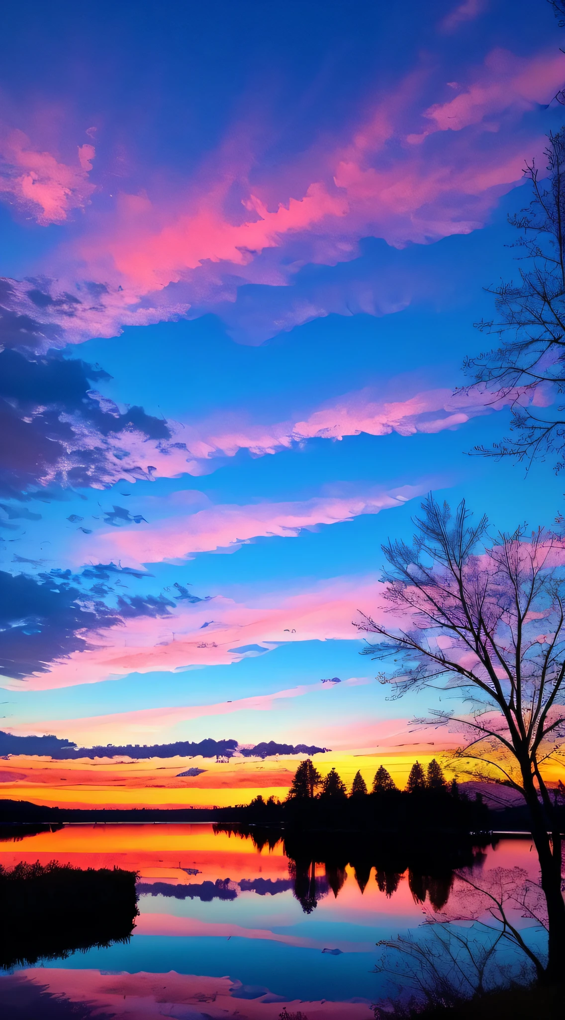 there is a beautiful sunset with a lake and trees in the background, colorful skies, surreal colors, colorful sunset, colorful sky, marvellous reflection of the sky, stunning sky, dream like atmosphere 8k, colorful clouds, colors reflecting on lake, surreal sky, red and blue reflections, fire reflection, beautiful sky, beautiful and spectacular dusk, beautiful dreamy landscape, amazing sky
