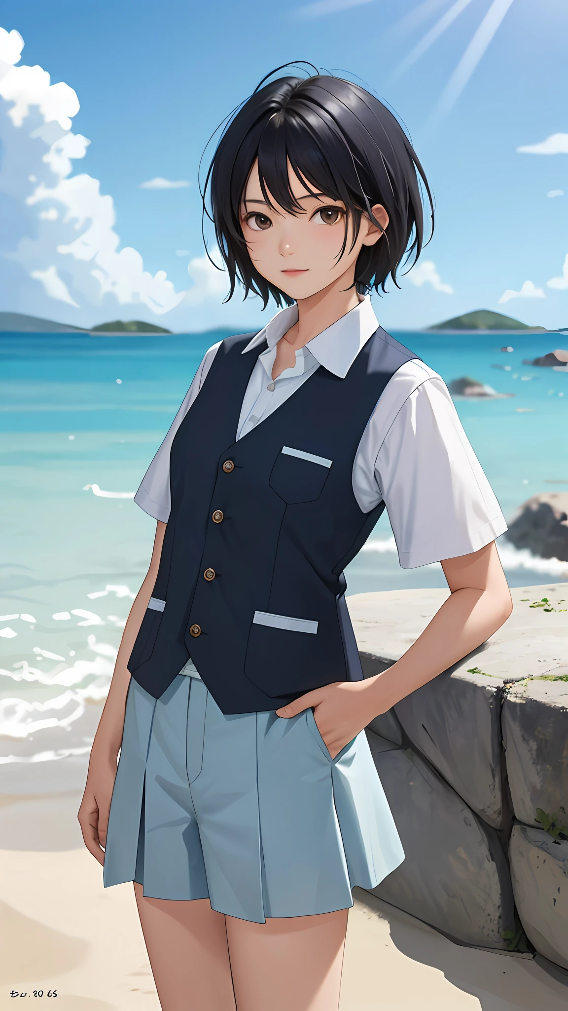 Kai Kokoai, Exactly like Kai Kokoai, STU48 Single Favorite Person Costume, Short Hair, Black Hair, One Girl, 18 Years Old, Vest, Photo, Realistic, Best Quality, Adopted, Detailed Face, Strong Sunlight, Sea, Embankment, Detailed Background, Diffuse Sunlight, Depth of Field, Bokeh (Best Quality: 1.2), (Masterpiece: 1.2), Watch Viewer, Blue Theme, Beige Theme, Black Hair,