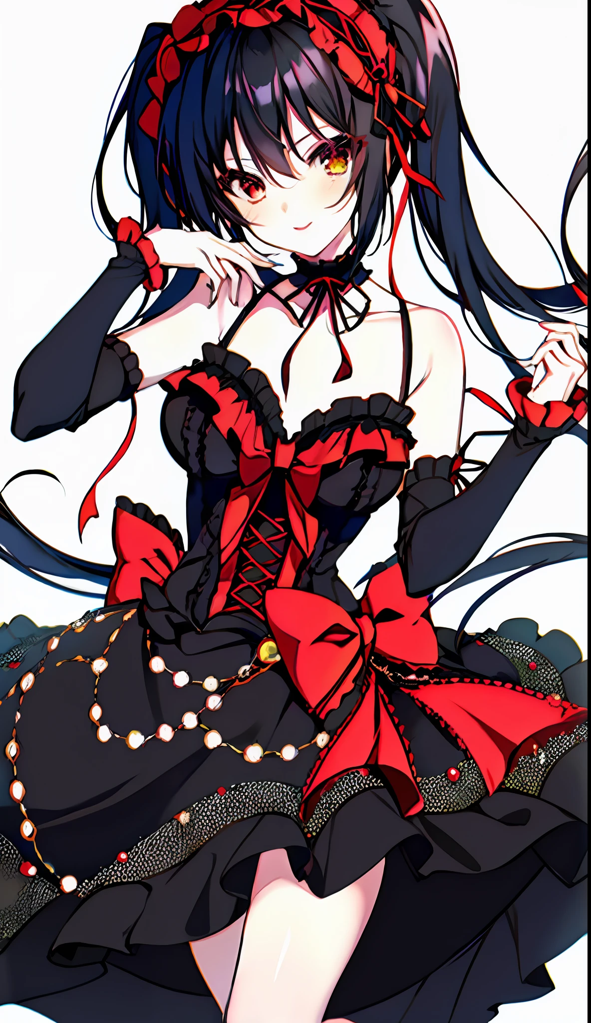 18 year old beautiful girl, masterpiece, top quality, 8K anime, 1 girl, detailed fingers, precise fingers, not unnatural hands, odd eyes, black hair twin tails, kurumi tokizaki, large breasts,