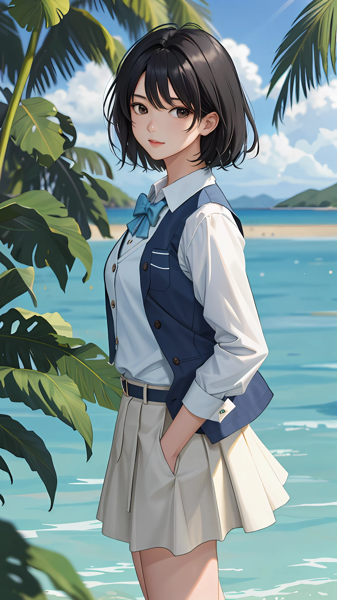 Kai Kokoai, Exactly like Kai Kokoai, STU48 Single Favorite Person Costume, Short Hair, Black Hair, One Girl, 18 Years Old, Vest, Photo, Realistic, Best Quality, Adopted, Detailed Face, Strong Sunlight, Sea, Embankment, Detailed Background, Diffuse Sunlight, Depth of Field, Bokeh (Best Quality: 1.2), (Masterpiece: 1.2), Watch Viewer, Blue Theme, Beige Theme, Black Hair,