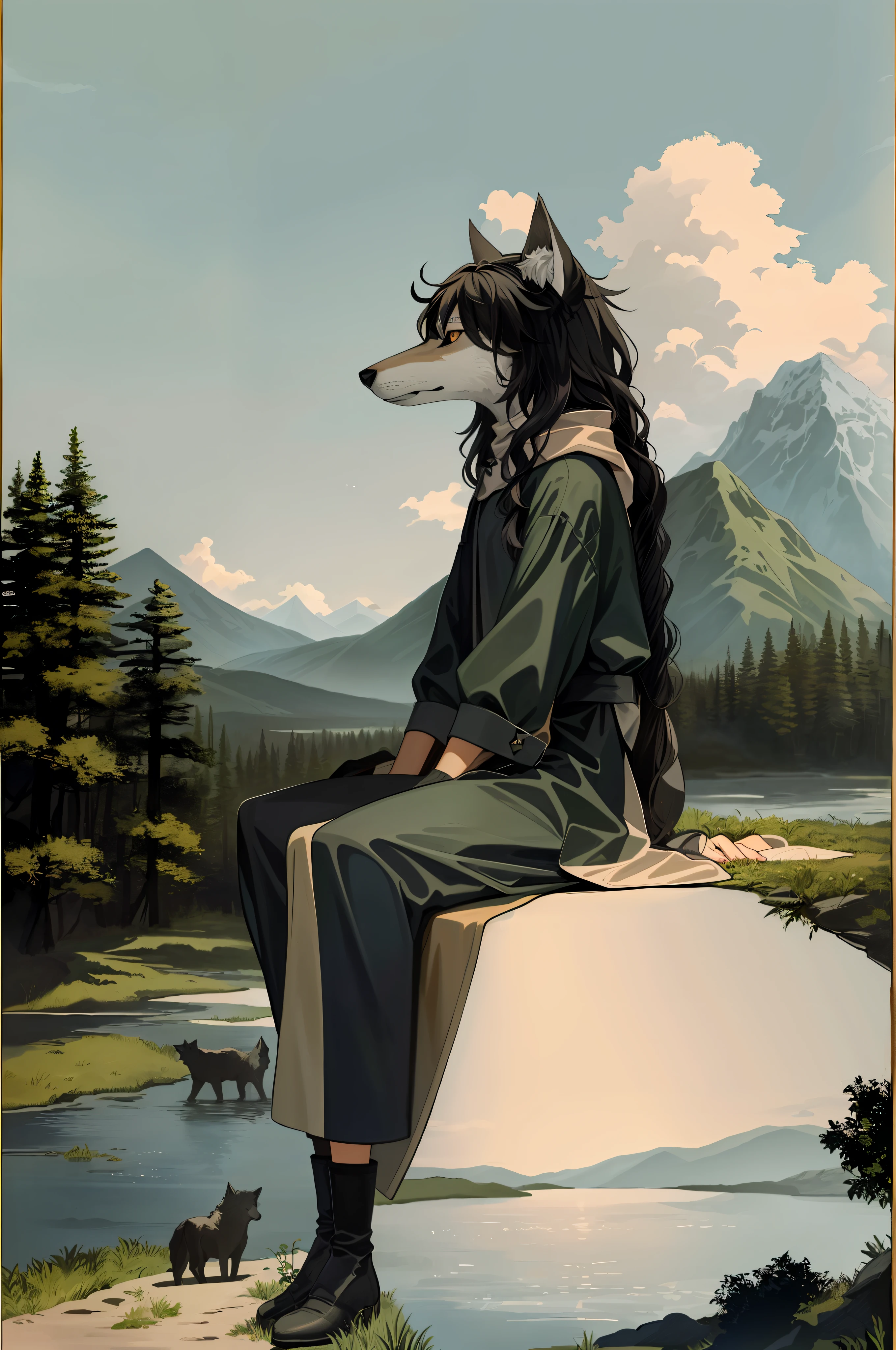 best quality, mountainous horizon, river, the tower tarot card, wolf, tomboy with long black curly messy hair, furry