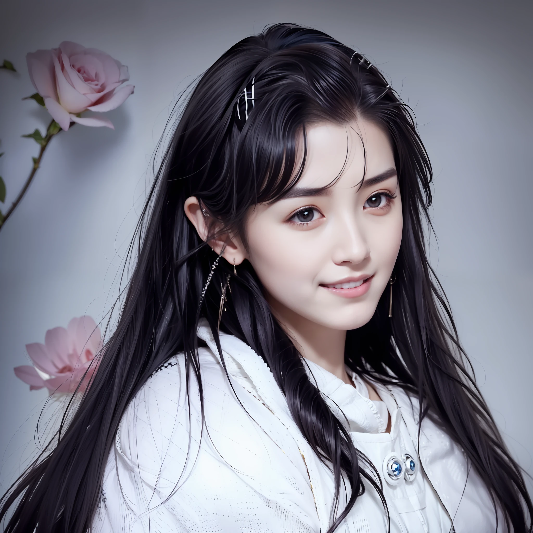 Beautiful Japan woman, nice perfect face with soft skin, small face with nose and rose-like lips, beautiful eyes, beautiful smile. Beautiful, black, thin, and long hair bathed in a brilliant ethereal glow. White hoodie and navy dress, bright colorful background, super realistic woman photo, high quality high resolution 8K masterpiece