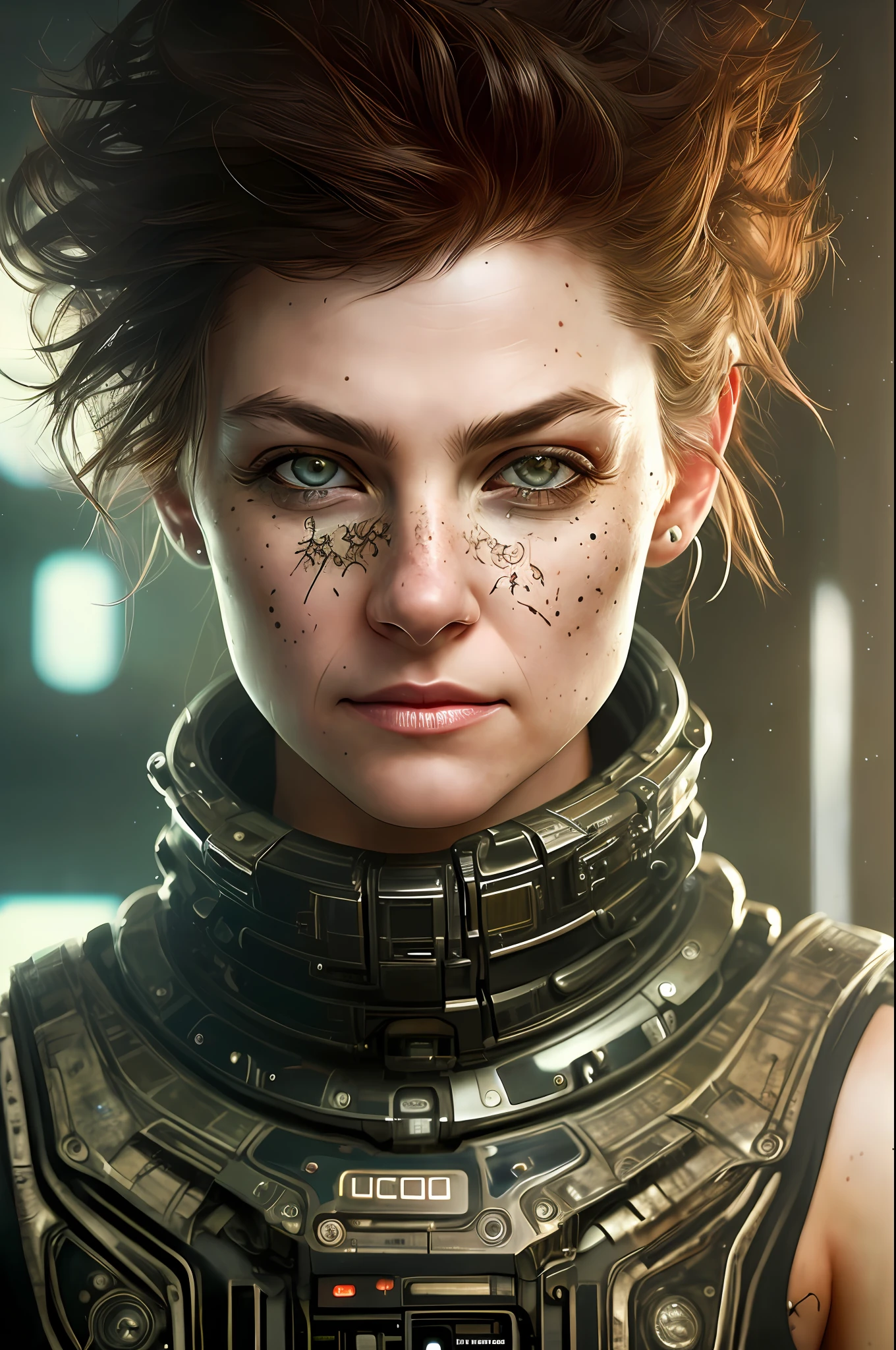 (sci-fi:1.3), (spaceship interior:1.2), young woman, (piercing:1), big grey eyes, rogue thief, tomboy, ((smirk)), intelligent, messy eye makeup, (perfectly shaped eyes), leather tank top, (black coat), (insanely detailed:1.5), Greg Rutkowski, ((detailed pupils)), (beautiful detailed face), ((cinematic look)), intricate details, soft cinematic light, exposure blend,