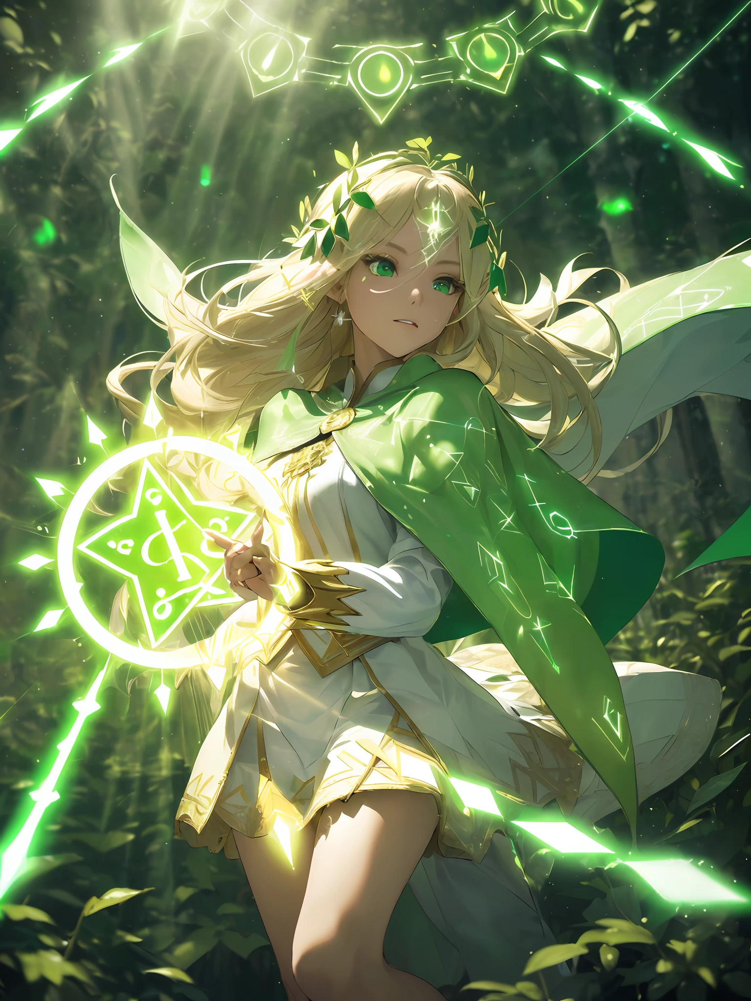 (((Masterpiece, Best Quality, High Definition, High Detail)))), ((((Fantasy)))), One, (Elf Woman)))), (White Short Skirt with Gold Embroidery), (Blonde Long Straight Hair), (Glow Dark Green Eyes), (Green Cloak Armor with Golden Embroidery), (Green Gauntlet with Golden Embroidery), Big, (Strong Wind), (Chanting with eyes closed)), ( A lot of glowing grains are flying), ((((Vortex of light gathers in the hand))), ((Circle of light with geometric patterns and letters drawn with light overhead))), (((Many glowing green arrows are released)), Forest, fight against the army of monsters