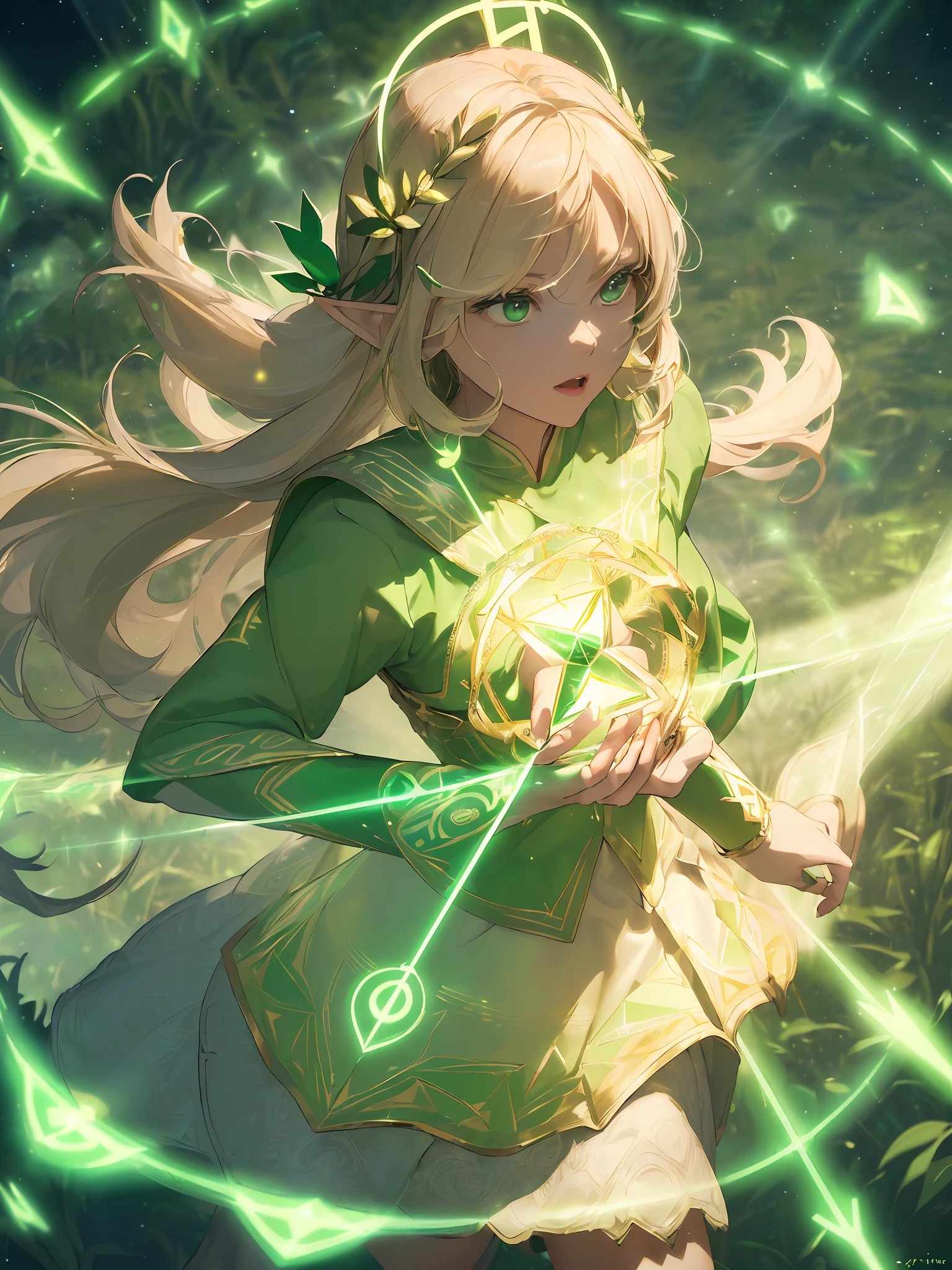 (((Masterpiece, Best Quality, High Definition, High Detail)))), ((((Fantasy)))), One, (Elf Woman)))), (White Short Skirt with Gold Embroidery), (Blonde Long Straight Hair), (Glow Dark Green Eyes), (Green Cloak Armor with Golden Embroidery), (Green Gauntlet with Golden Embroidery), Big, (Strong Wind), (Chanting with eyes closed)), ( A lot of glowing grains are flying), ((((Vortex of light gathers in the hand))), ((Circle of light with geometric patterns and letters drawn with light overhead))), (((Many glowing green arrows are released)), Forest, fight against the army of monsters
