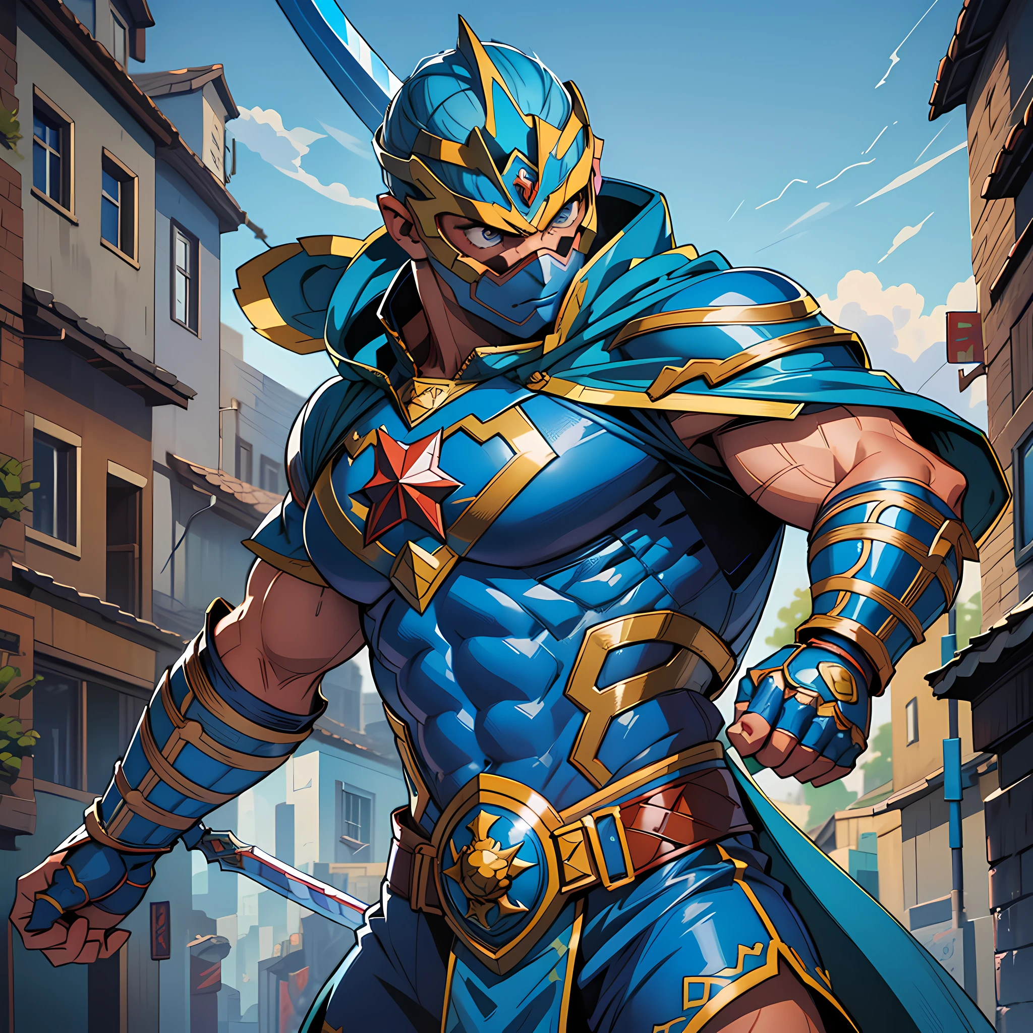 arafed image of a man in a blue costume holding a sword, blue armor, inspired by Rob Liefeld, hero character art, by Juan O'Gorman, hero character, artgerm and genzoman, hero pose colorful city lighting, heroic masculine pose, muscular male hero, heroic fighter, fighting game character, hero, hero 2 d fanart artsation