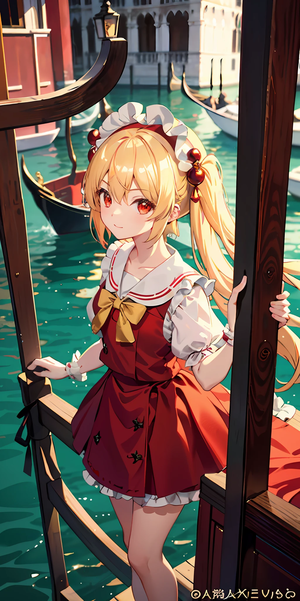 Oriental Project, Flandre Scarlet standing on the Venice boat gondola with hands crossed at the waist, light yellow hair, warm lighting, blurred foreground, cute, , anime, 4k, shower cap, masterpiece, vista, bokeh