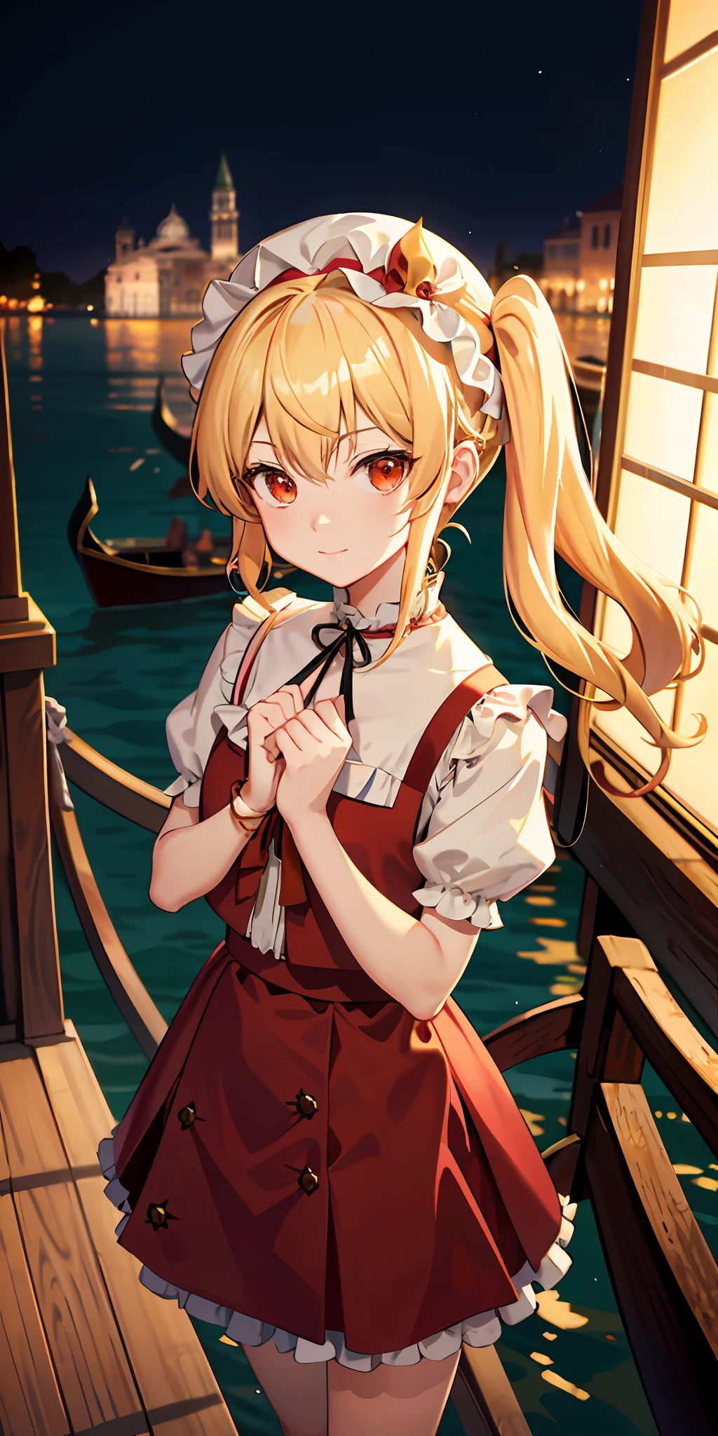 Oriental Project, Flandre Scarlet standing on the Venice boat gondola with hands crossed at the waist, light yellow hair, warm lighting, blurred foreground, cute, , anime, 4k, shower cap, masterpiece, vista, bokeh