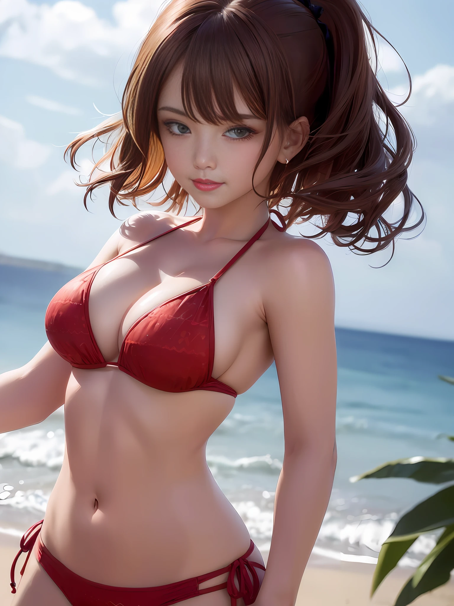 (((Big breasts: 1.4))), (Beauty, small head)), Smile, Sunlight, Sunlight, (Chiseled abs: 1.1), (Perfect body: 1.1), (Short wavy hair: 1.2), Reddish brown hair, Full body shot, (((Bikini, Bikini with patterns)), seaside, beach, (Highly detailed CG 8k wallpaper), (Very delicate and beautiful), (Masterpiece), (Best Quality: 1.0), ( Ultra High Resolution: 1.0), beautiful lighting, perfect lightning, realistic shadows, [High Definition], detailed skin, super detailed