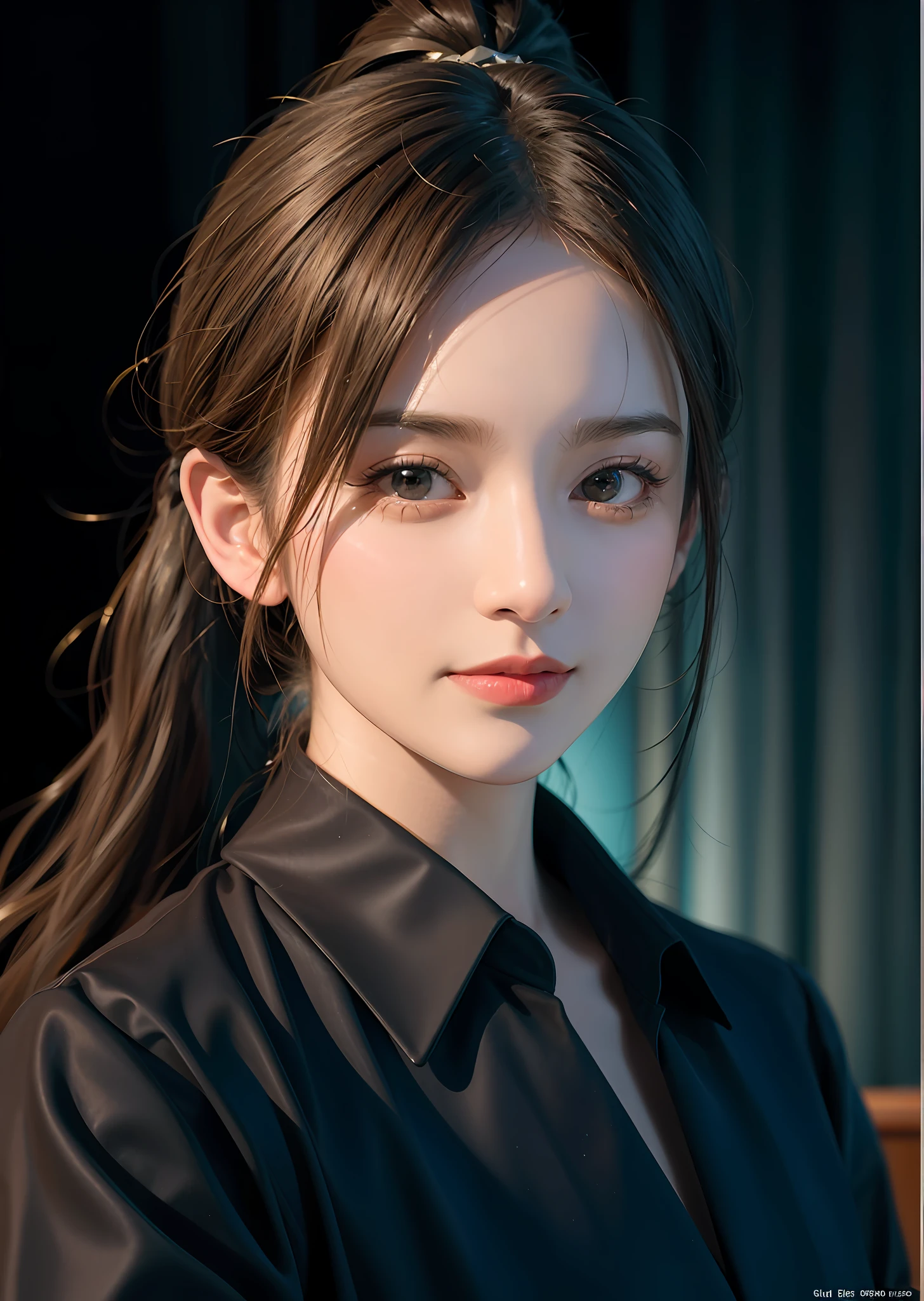 Surrealist female portraits by David Hockney and Alphonse Mucha, fantasy art, photorealism, dynamic lighting, artstation, poster, volumetric lighting, very detailed faces, 4k, award-winning, 1girl, in the dark, deep shadows, understated, single ponytail, charming smile, casual wear, (formalwear: 1.4), long single ponytail