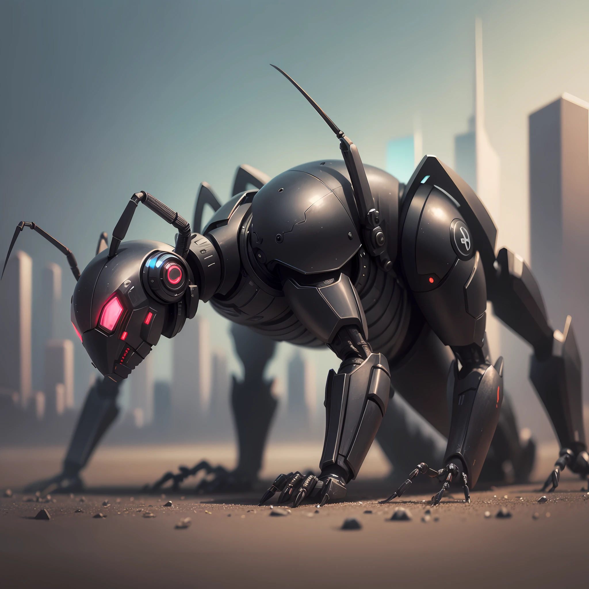 A cyberpunk ant, crawling on the ground, black, hideous-faced