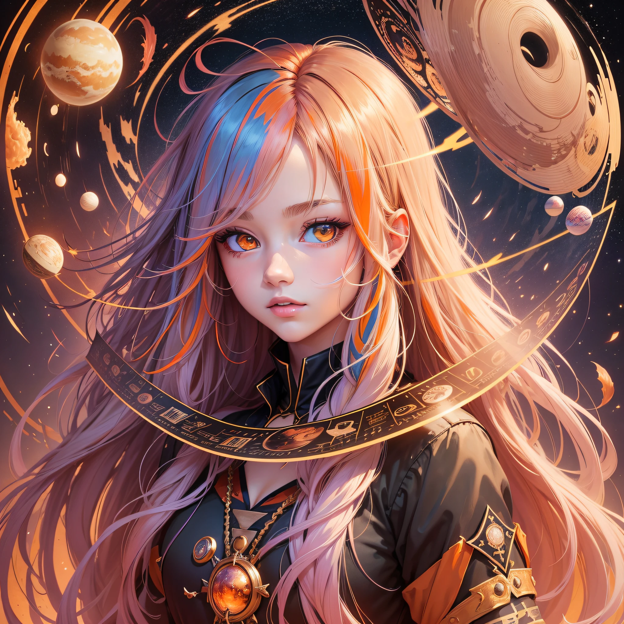Masterpiece, best quality, {best quality}, {{masterpiece}}, {highres}, drawing, 2d digital drawing, anime, 1girl, anime girl, adult, exotic, long hair, colored hair, heterochromia, colors, colorful, orange sky, magic, magic, magic circle, planets, stars --auto --s2