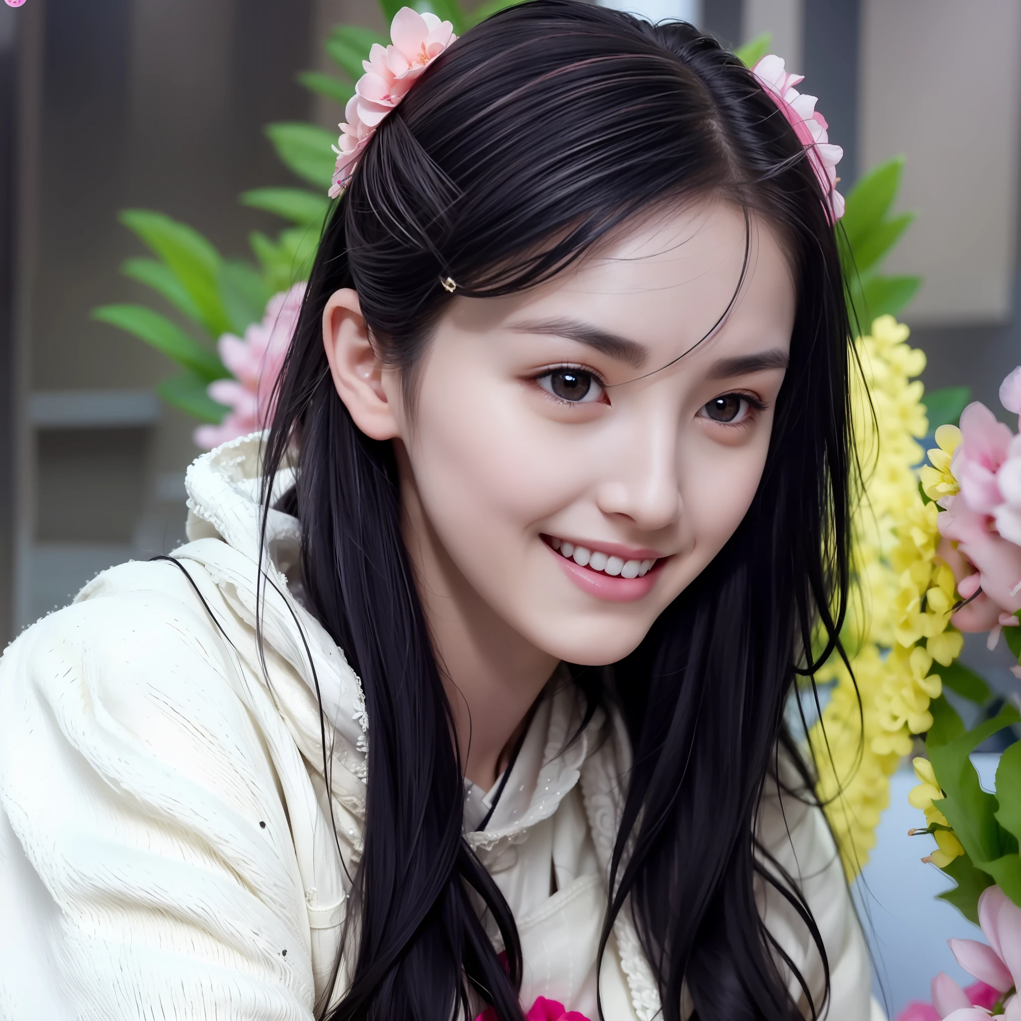 Beautiful Japan woman, nice perfect face with soft skin, small face with nose and rose-like lips, beautiful eyes, beautiful smile. Beautiful, black, thin, and long hair bathed in a brilliant ethereal glow. White hoodie and navy dress, bright colorful background, super realistic woman photo, high quality high resolution 8K masterpiece