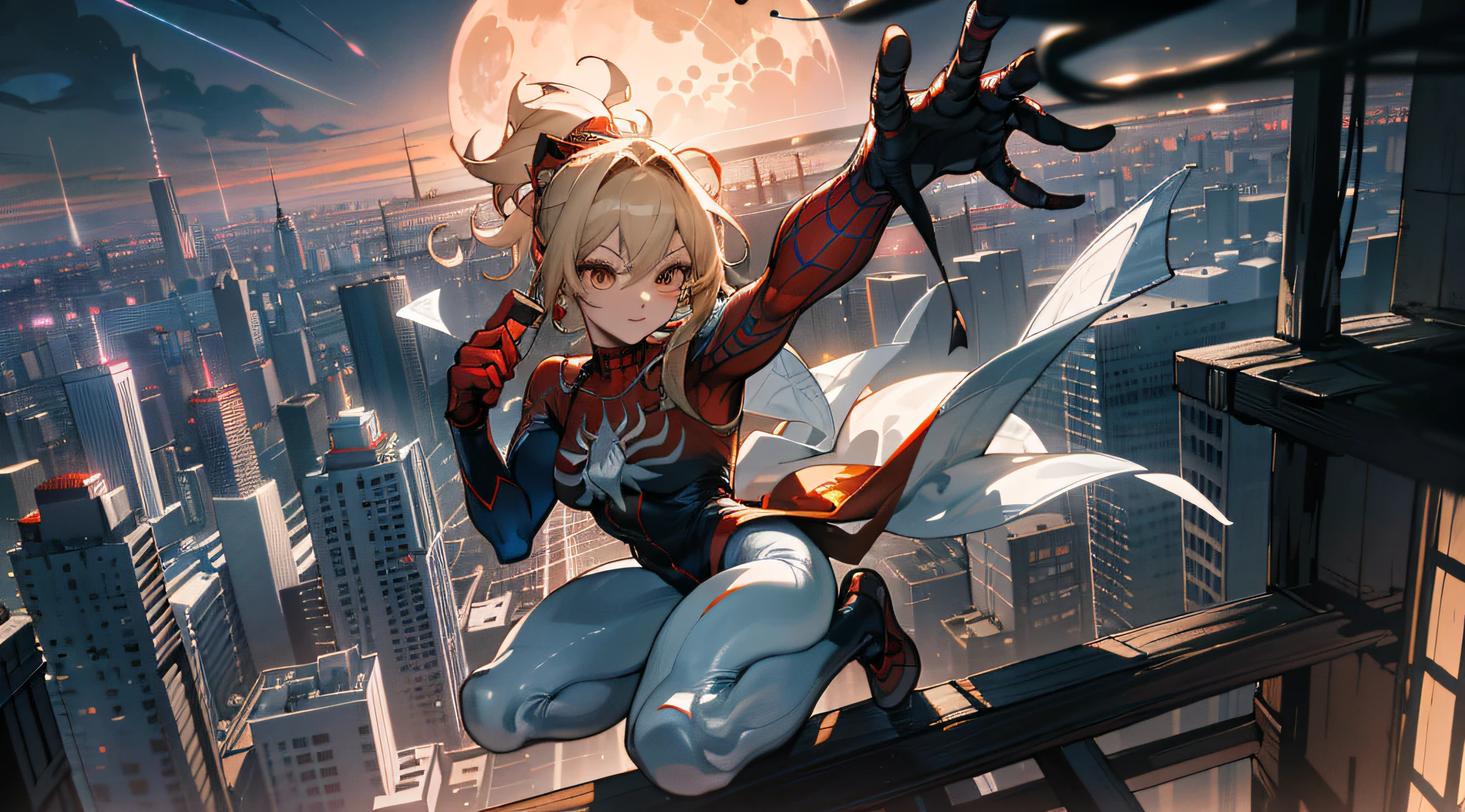 (Masterpiece, 4K resolution, ultra-realistic, very detailed), (White superhero theme, glamorous, there's a girl at the top of town, wearing a Spider-Man costume, she's a superhero,[((25 years old), full body, ((Spider-Man pose), show strength, jump from building to building), ((sandy urban environment): 0.8)|(cityscape, night, dynamic lights), (full moon))]] # Note: The prompt mainly describes ultra-high-definition 4K paintings, which are very realistic and very detailed. It shows a superheroine at the top of the city, dressed in a Spider-Man costume. The subject of the painting is a white superhero theme, he is 25 years old and his entire figure is shown in the painting. In depicting the behavior of superheroes, spiders are used,
