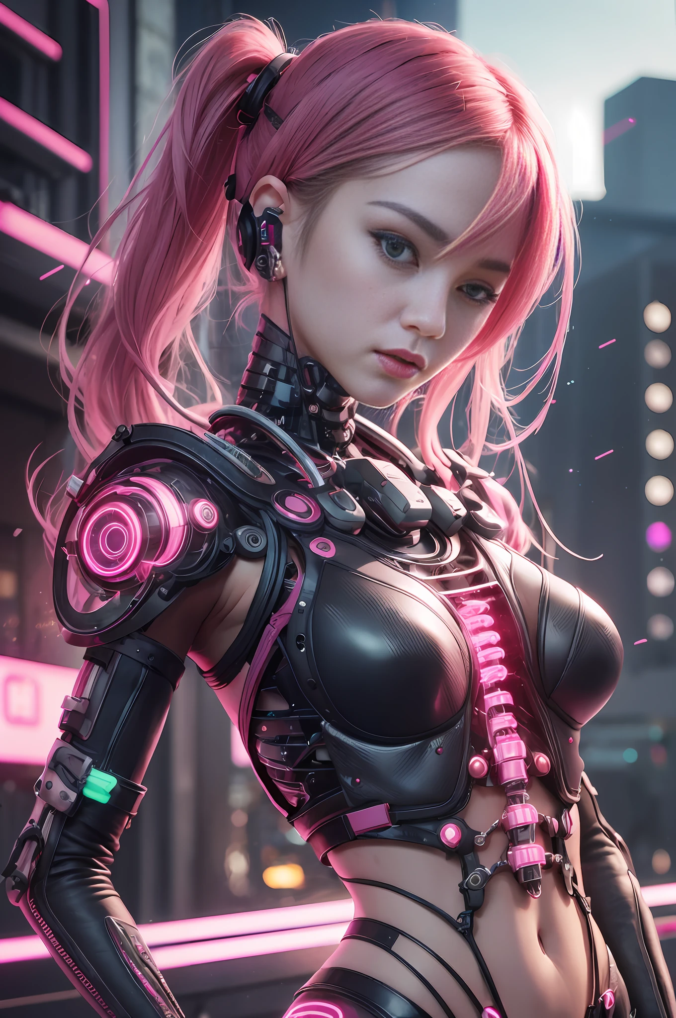 A cute mechanical cyberpunk Rosé Blackpink girl, realistic details, global illumination, shadows, octane render, 8k, ultra sharp,metal,intricate, ornaments detailed, bold cyberpunk colors, hyperdetailed, highly intricate details, realistic light, trending on cgsociety, glowing eyes, facing camera, neon details, machanical limbs, blood vessels connected to tubes,mechanical vertebra attaching to back, mechanical cervical attaching to neck, wires and cables connecting to head --auto --s2