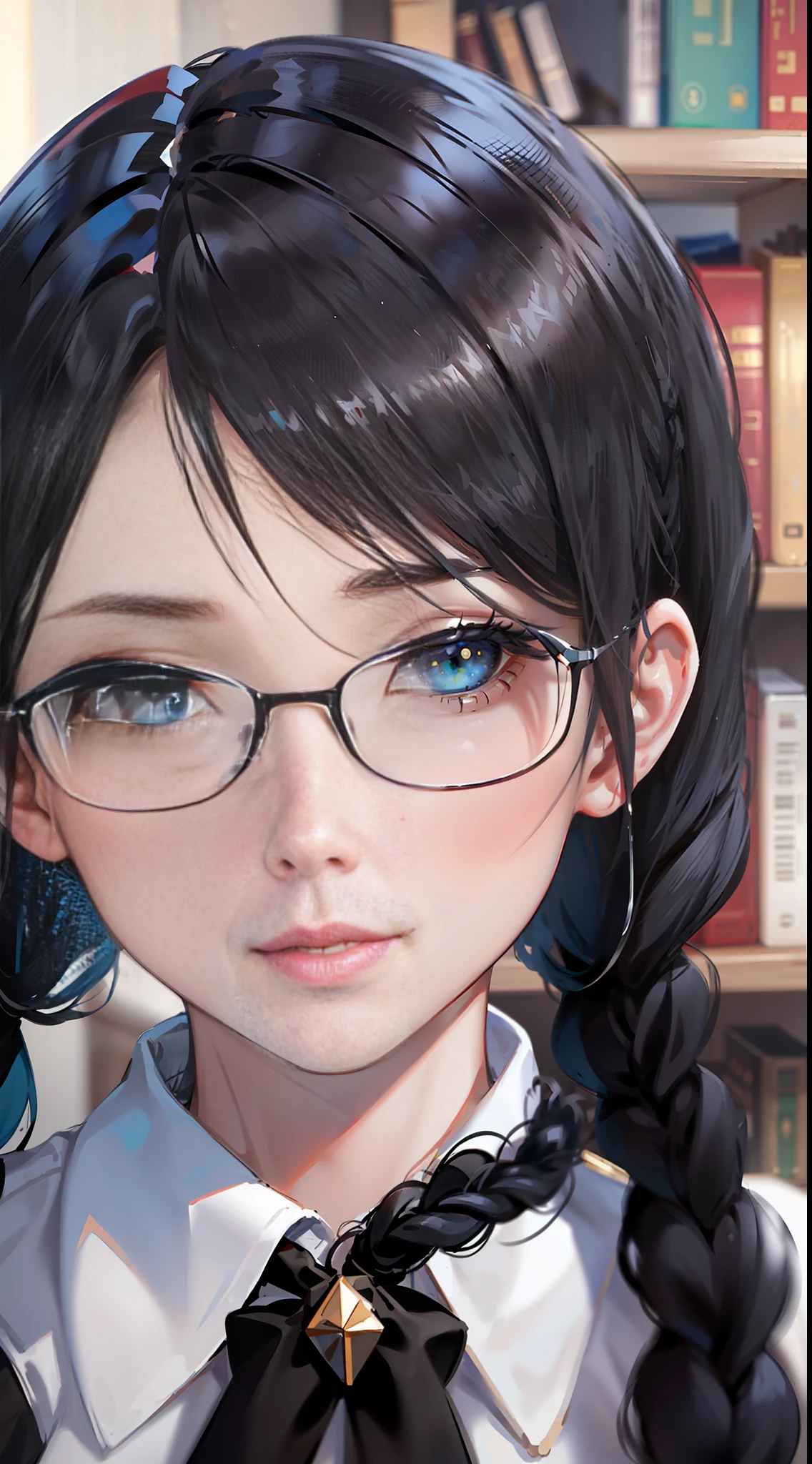 Beautiful and detailed delicate face, detailed beautiful delicate eyes, perfect facial proportions, detailed skin, fine skin, the best ratio of four fingers to one thumb, masterpiece, detail high resolution, realistic, matching hairstyle and face shape, best face resolution, adult, discreet dress, fully dressed woman, (small black hair, straight black braided hairstyle, highest resolution 2 pigtails, straight bob bangs, red glasses , dark green eyes), library, student, (academic uniform, blazer, white shirt), future of the world, science fiction, deep intelligent personality, calm expression, hopeful face