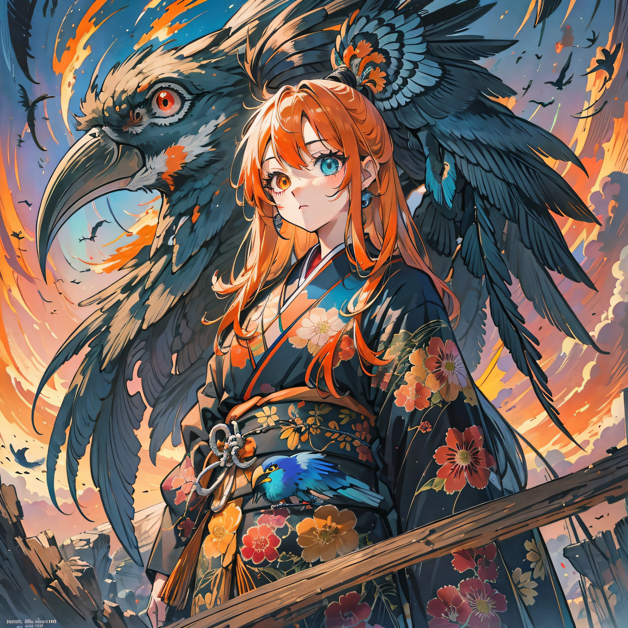 Masterpiece, best quality, {best quality}, {{masterpiece}}, {highres}, drawing, 2d digital drawing, anime, 1girl, anime girl, adult, exotic, long hair, colored hair, heterochromia, colors, colorful, orange sky, macaw, macaw, bird, bird, bird, japanese clothing, kimono --auto --s2