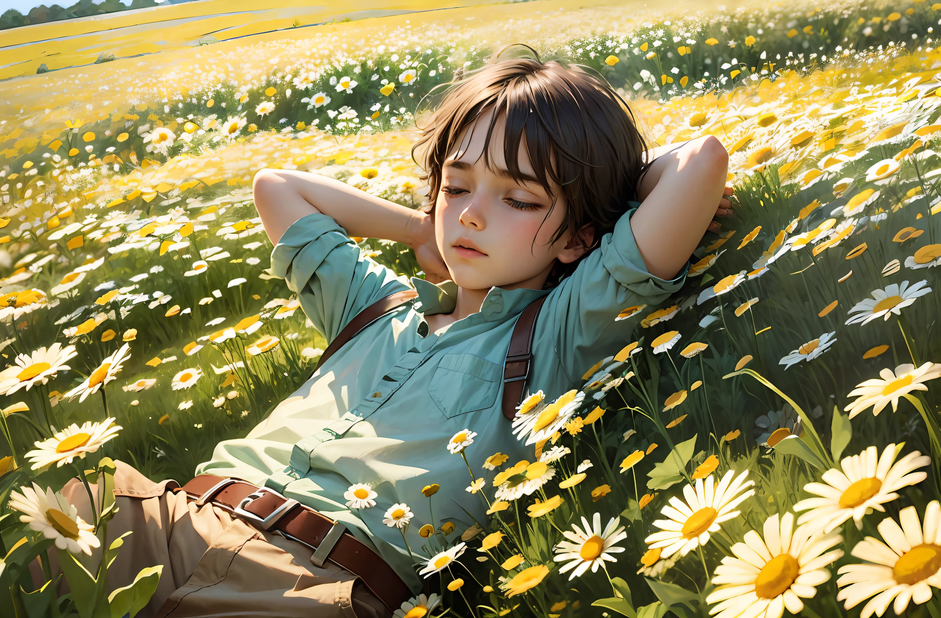 Boy's hand on the background of daisies