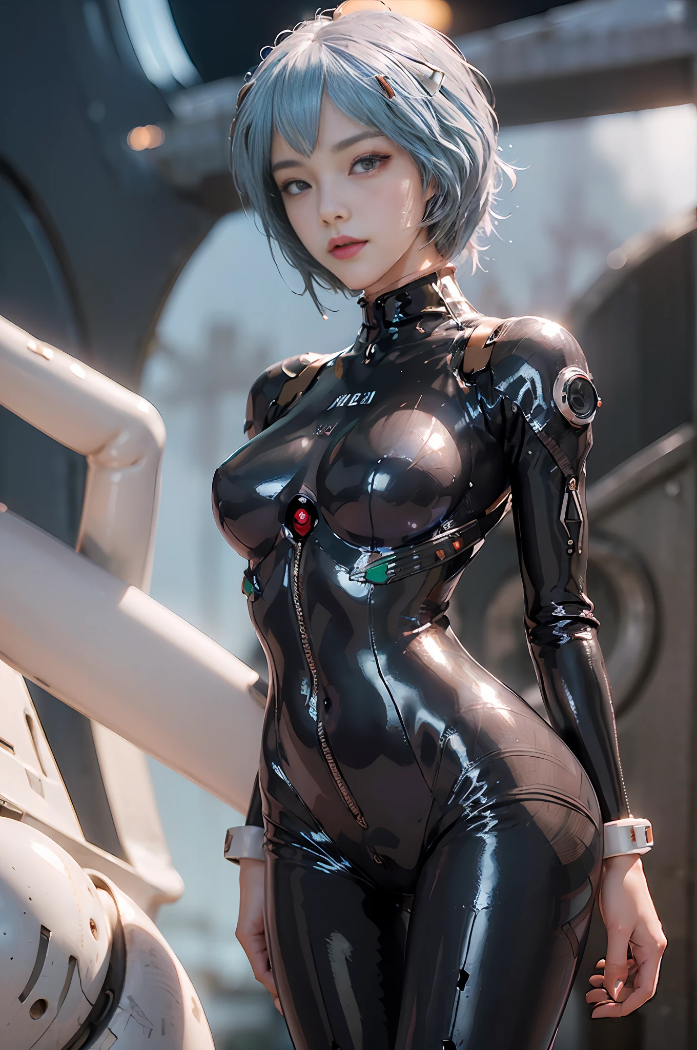 Masterpiece,NSFW1.1,((Whole body:1.1))))), (Realistic),Photos, Best Quality, 1 female,((Tall:1.1))),Ear fold,(((Rei Ayanami, Plug Suit 00:1.1))),((Red Eyes,Beautiful Face, Beautiful Eyes:1.1)))), (((Cute Face)), Wet Eyes, Face,Detail Face, Detail Lips, Detail Eyes, (Thin and Sharp Pale Eyebrows :1.1 Long eyelashes), double eyelids, (seductive smile), (gentle look, fleeting expression))),(turning around pose), (rubber suit with strong metallic luster and smooth surface), ((Sexy tight metallic shiny latex suit)))), (Two thick black lines from thighs to buttocks: 1.1))), (Movie lighting: 1.1),From below, (upright), (Camelt), (sleek body line)), pale short hair, (((pale and thin eyebrows)), beautiful hair, (large round breasts), small logo pattern on the chest is zero: 1.1, mech suit, thin long waist, white skin, advanced cyberpunk research facility, (((magnificent midnight starry sky in the background, magnificent big full moon in the background, spaceship in the background)), (face and eye details: 1.1), loneliness, blush, ( Shy)), very delicate and beautiful girl, standing, arms on arms, ((legs closed pose)), (to8 contrast style), small egg-shaped psychosensory devices on both sides of the head