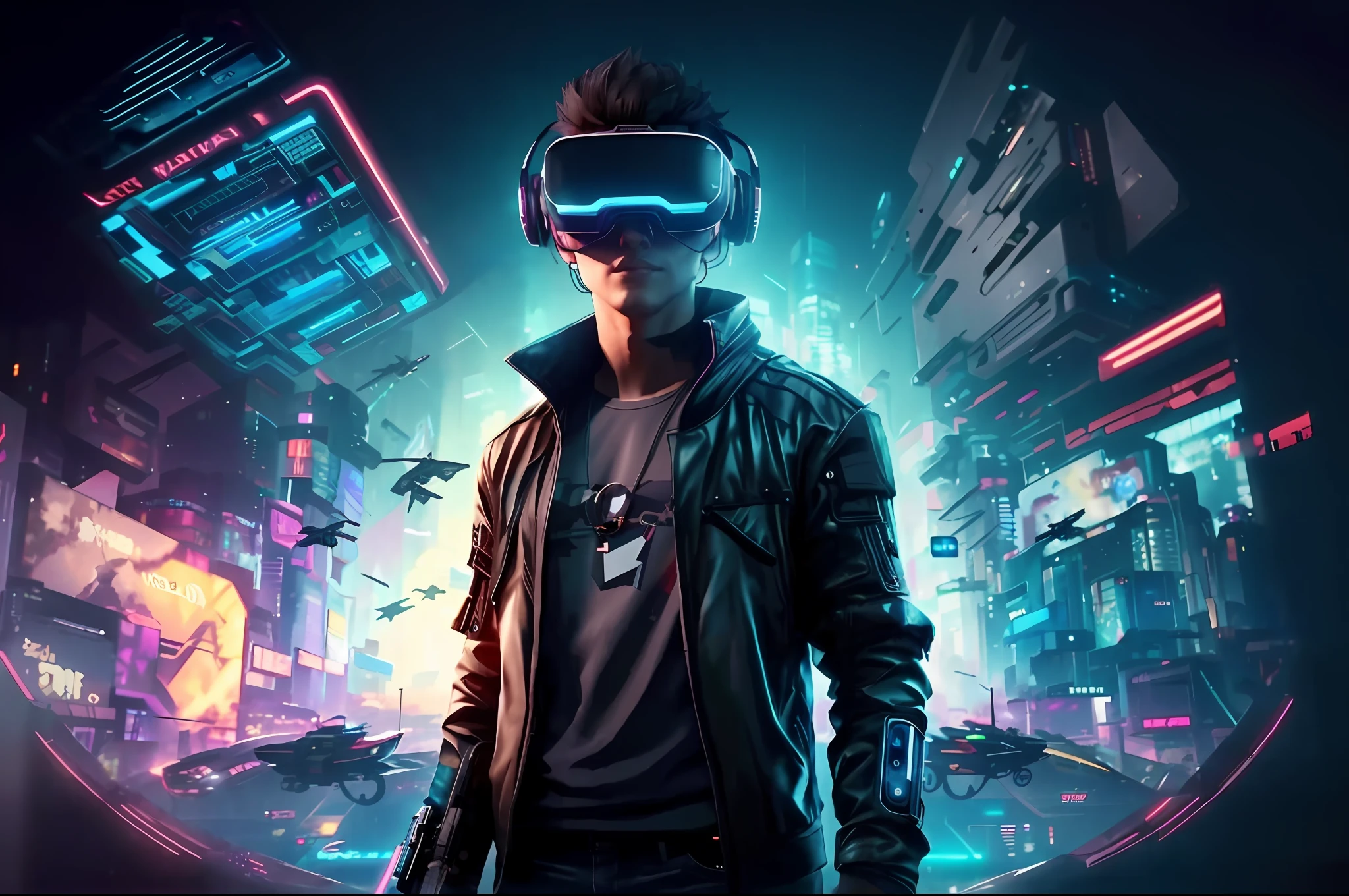 a man in a black jacket and glasses stands in front of a futuristic city, vr game, cyberpunk vibe, cyberpunk vibes, deeper into the metaverse we go, has cyberpunk style, cyberpunk theme, in cyber punk 2077, cyberpunk futuristic, cyberpunk future, synthwave, wearing cyberpunk streetwear, futuristic cyberpunk, cyberpunk tech, retro cyberpunk, synthwave style