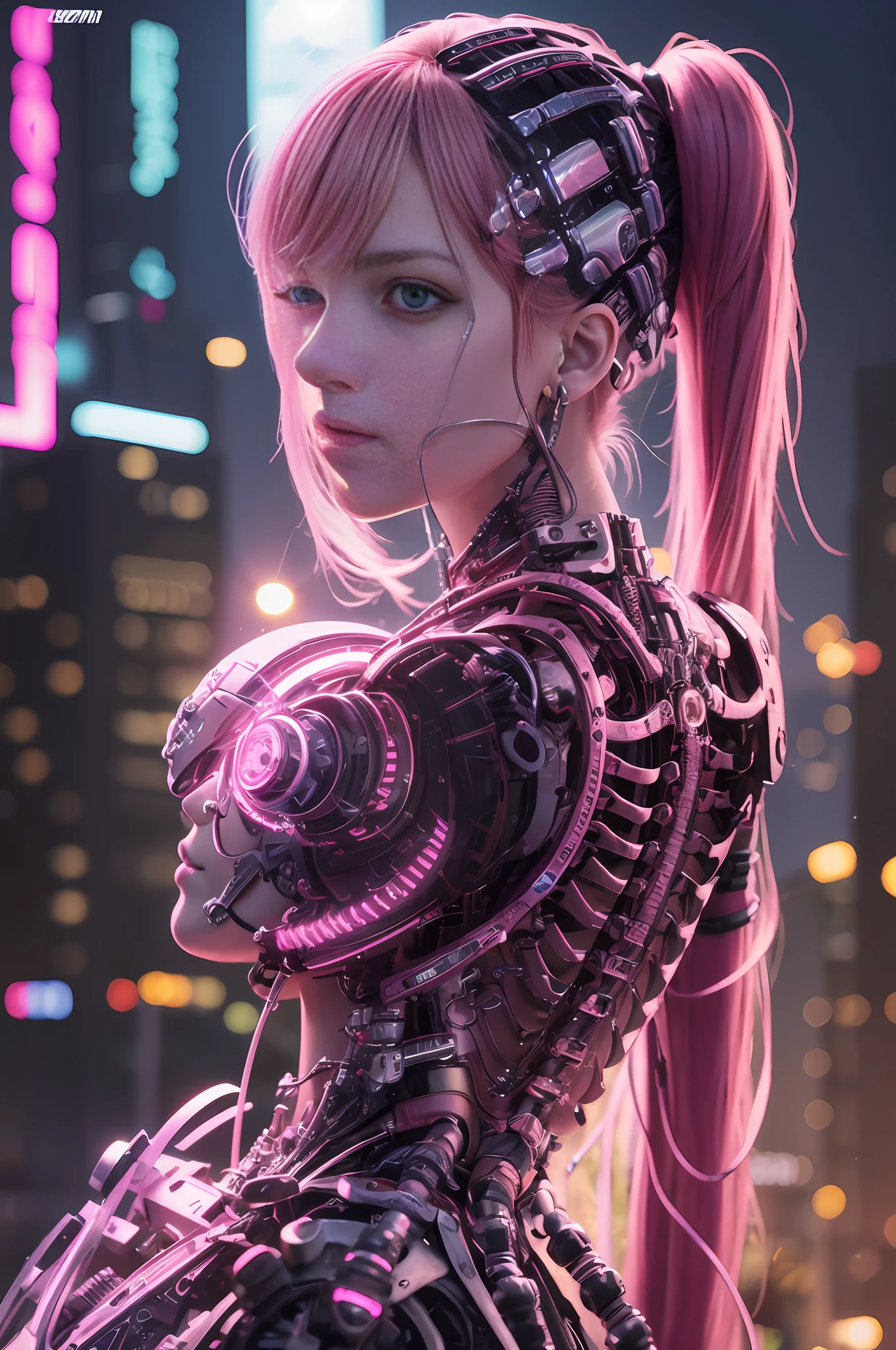 A cute mechanical cyberpunk Rosé Blackpink girl, realistic details, global illumination, shadows, octane render, 8k, ultra sharp,metal,intricate, ornaments detailed, bold cyberpunk colors, hyperdetailed, highly intricate details, realistic light, trending on cgsociety, glowing eyes, facing camera, neon details, machanical limbs, blood vessels connected to tubes,mechanical vertebra attaching to back, mechanical cervical attaching to neck, wires and cables connecting to head --auto --s2
