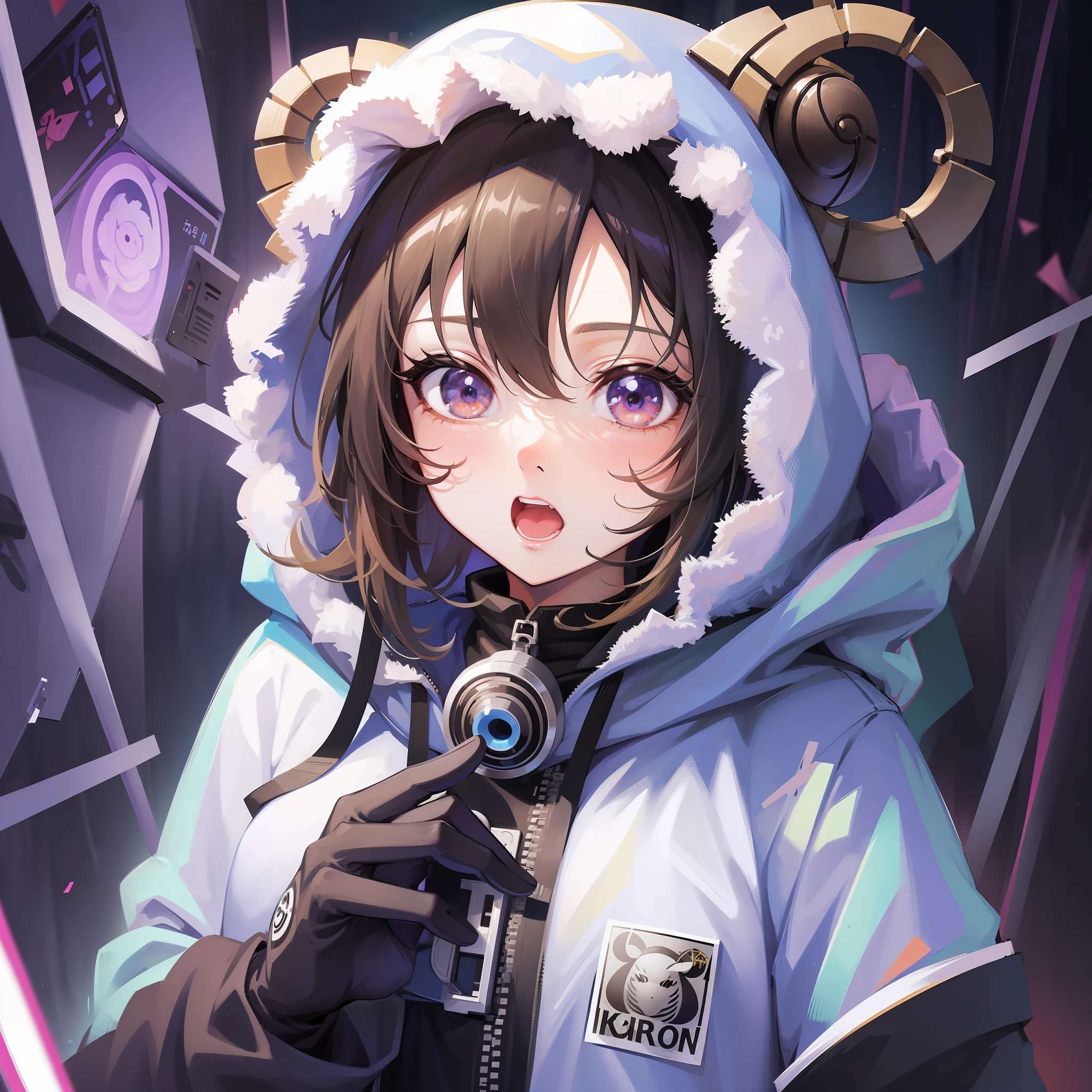 Girl in hoodie with index finger to mouth, facing camera, upper body, sheep, sheep sticker, key anime art, digital art on projectile break, anime art wallpaper 8K, anime style 4K, badass anime 8K