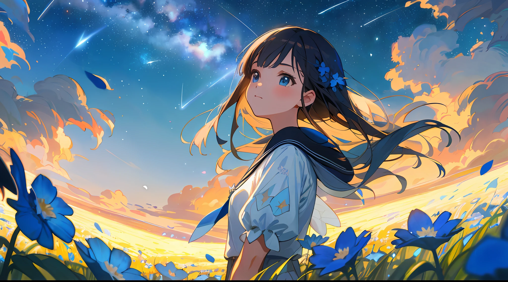 Masterpiece, Best Quality, Ultra Detailed, CG, Cinematic Angle, Close-up, Perspective, Portrait, Delicate Eyes, A Girl, Standing in a Field of Flowers, Blue Flower Field, Petals, Blue Flowers, Sea of Flowers, Night, Starry Sky, Moon, Shooting Star