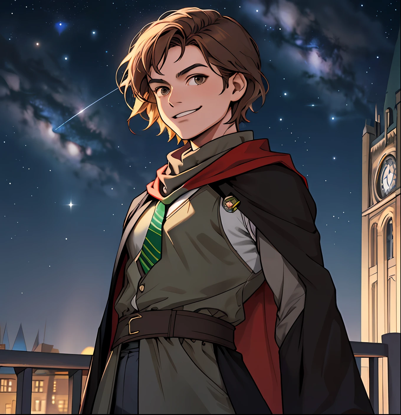 1girl, solo, HalJordan, slim waist, (((girl))), medium breasts, brown eyes, (best quality, masterpiece), on astronomy tower, beautiful starry sky, cowboy shot, short brown hair, wind, short hair, smirk, dynamic angle, balcony, black wizard robes, hogwarts, gray vest, red tie, red and yellow scarf