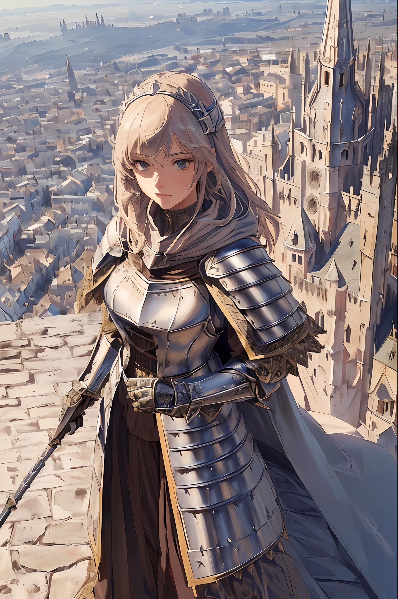 Realistic, realistic detail, exhaustive, (((1 girl, slim, female knight, detailed armor, intricate details, cloak, cane, aerial perspective, from above, standing on the top of the tower overlooking the medieval cityscape, very detailed architecture, perspective, clear focus, depth of field, detailed background)))) Tyndall effect, red rose petals falling from the sky,