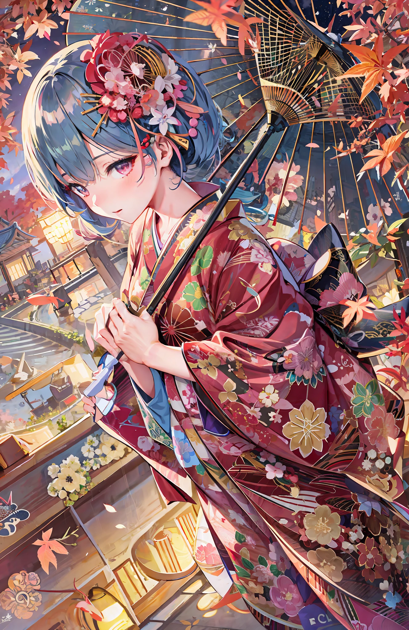 anime girl in kimono outfit holding an umbrella in front of a building, anime style 4 k, anime art wallpaper 4 k, anime art wallpaper 4k, in kimono, anime art wallpaper 8 k, beautiful anime artwork, detailed digital anime art, japanese art style, nightcore, in a kimono, high detailed official artwork, a beautiful artwork illustration, digital anime illustration
