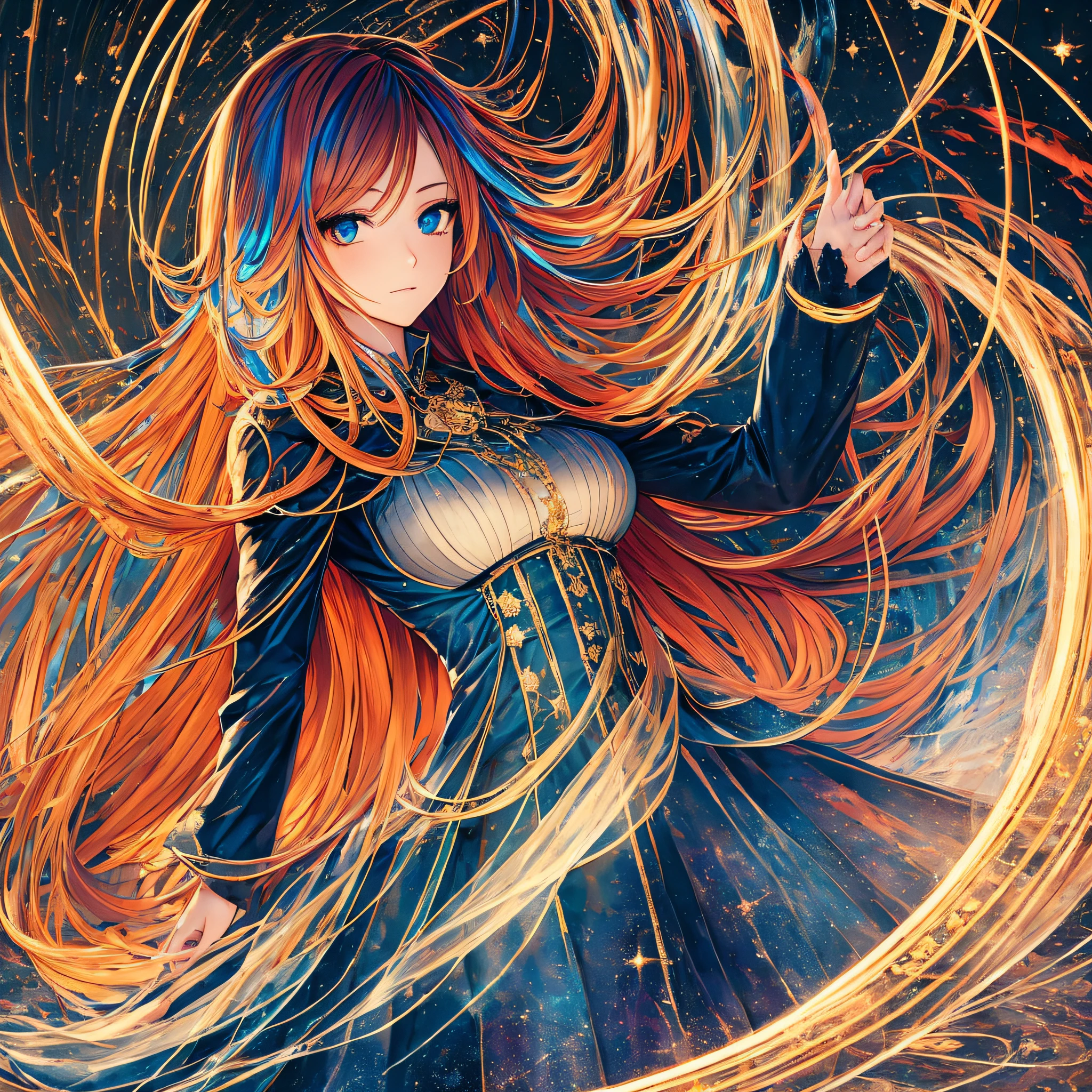 masterpiece, best quality, {best quality}, {{masterpiece}}, {highres}, drawing, 2d digital drawing, anime, 1girl, anime girl, adult, exotic, sensual, attractive, long hair, colored hair, heterochromia, colors, colorful, orange sky, magic, magic, magic circle, planets, stars, comets --auto --s2