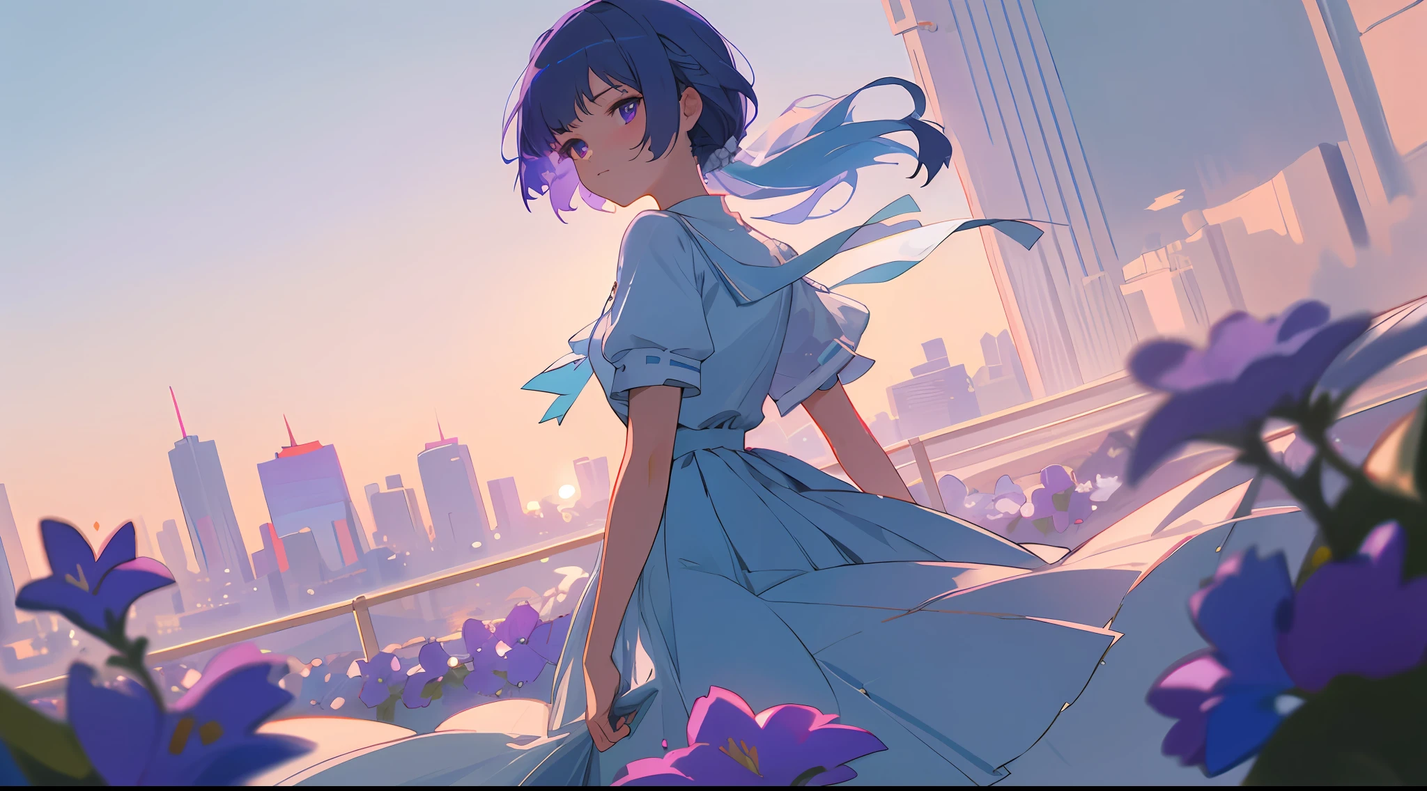 Medium shot, medium shot, depth of field, bust, cinematic angle, masterpiece, best quality, super detail, CG, 8K wallpaper, pretty face, delicate eyes, a maiden, solo, skyline, beautiful detailed sky, light blue short shirt, translucent white pleated skirt, purple flowers