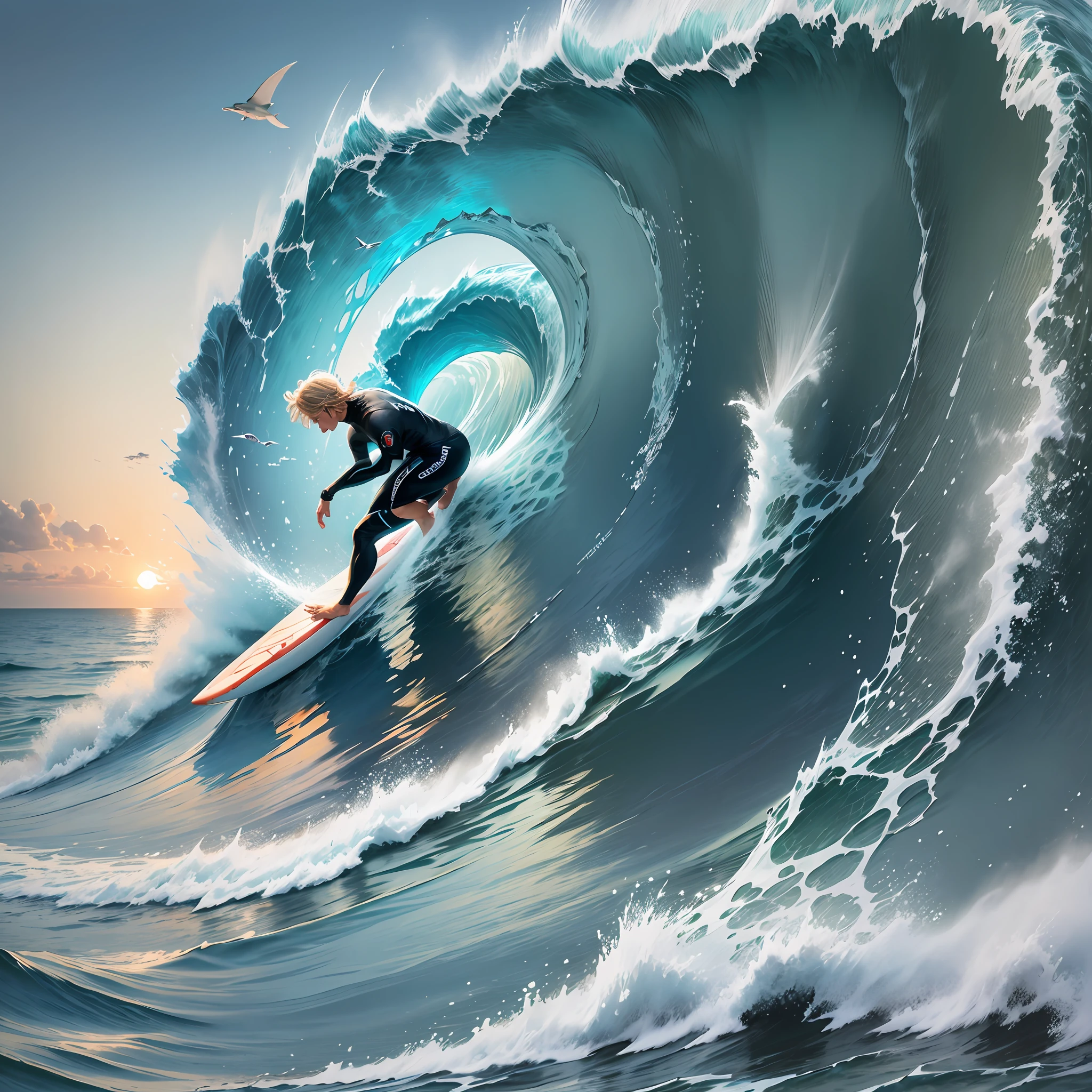 An illustration of a surfer catching a wave with a shark underneath, creating a tension in the image. --auto --s2