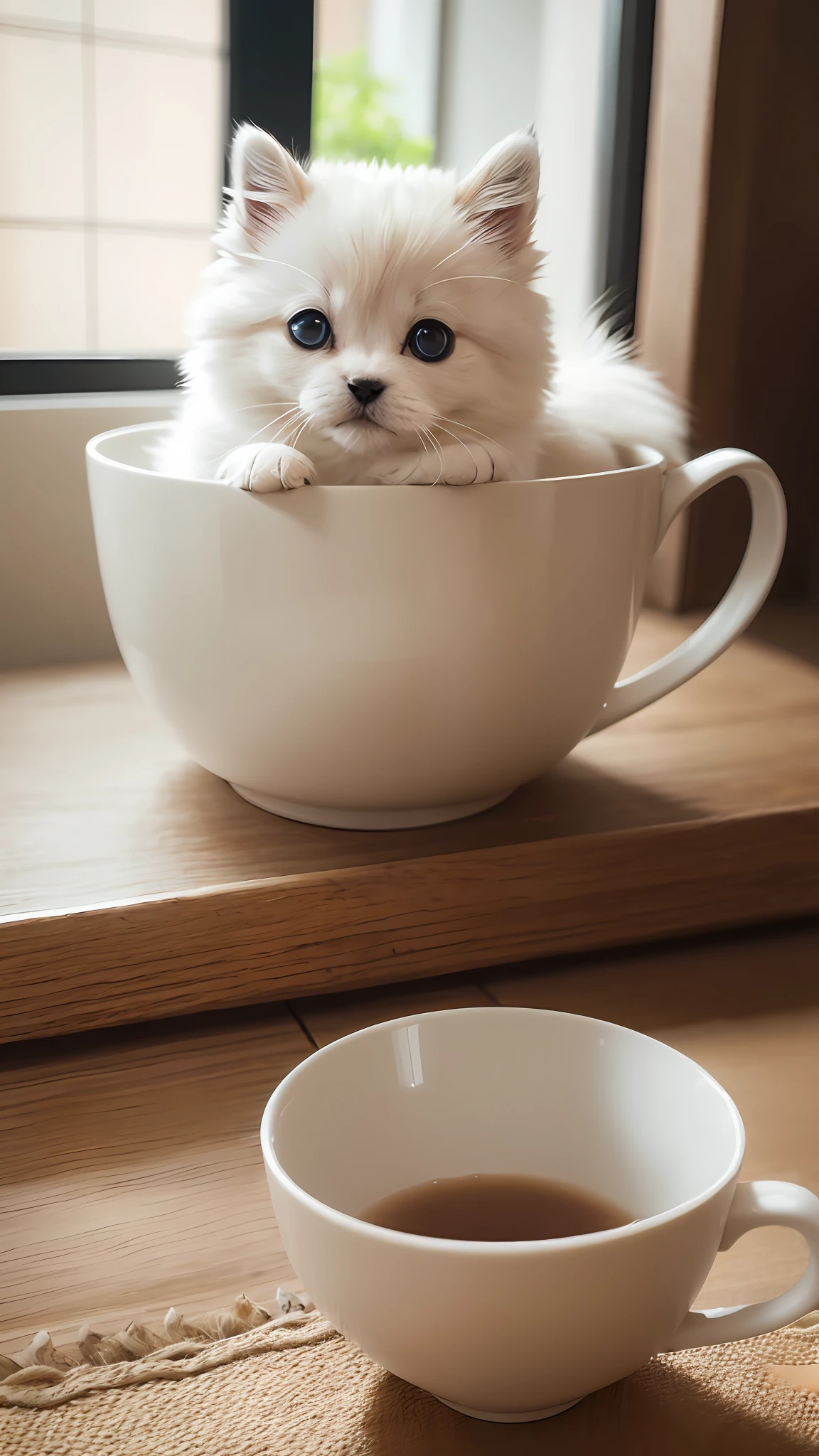 Dog, (Himalayan), (Small)))), in a teacup, Face, Front paws out, 8K, Professional photo, Delicate, Clear, On the table, Inside the house, Sunshine, Light Leak, Masterpiece, ((Pretty))), Fashionable Teacup, (Reality), Plush Toy, Round Pupils