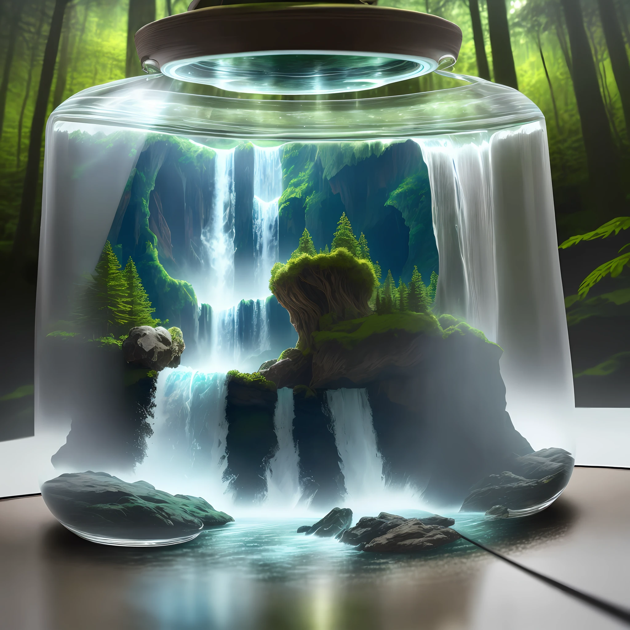 a glass container with a waterfall and mountains inside the glass, waterfall just inside the glass on the floor of a forest all illuminated by light by a lamp hanging from a forest tree, 32k, hyper sharp, hyper detailed, hyper realistic, photorealism style