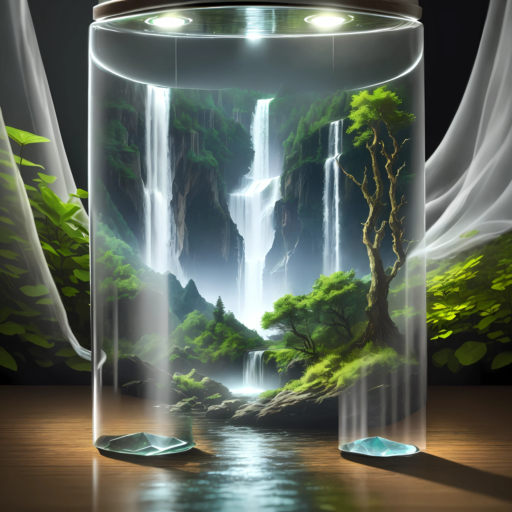 a glass container with a waterfall and mountains inside the glass, waterfall just inside the glass on the floor of a forest all illuminated by light by a lamp hanging from a forest tree, 32k, hyper sharp, hyper detailed, hyper realistic, photorealism style