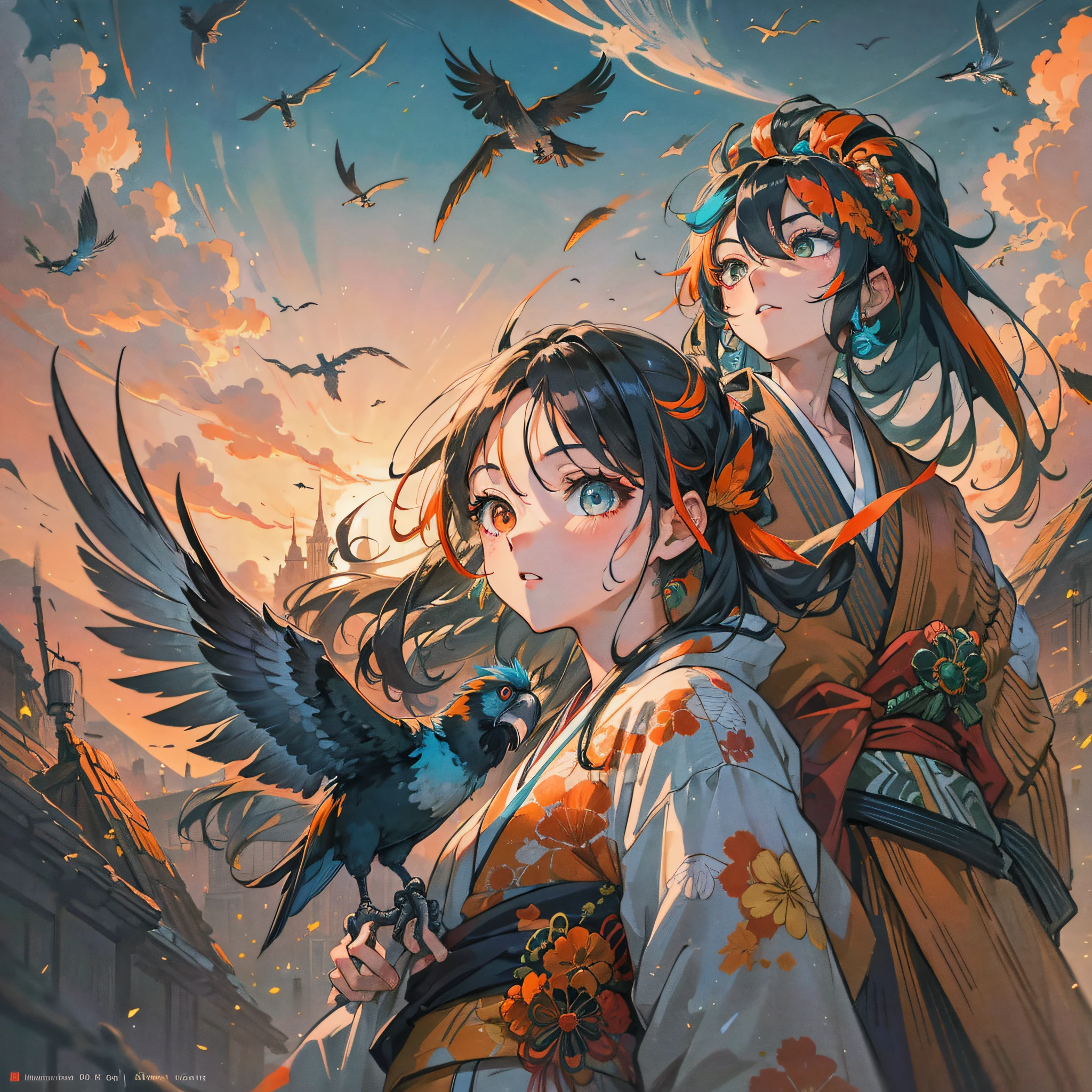 masterpiece, best quality, {best quality}, {{masterpiece}}, {highres}, drawing, 2d digital drawing, anime, 1girl, anime girl, adult, exotic, long hair, colored hair, heterochromia, colors, colorful, orange sky, macaw, macaw, bird, bird, bird, japanese clothing, kimono, wind --auto --s2