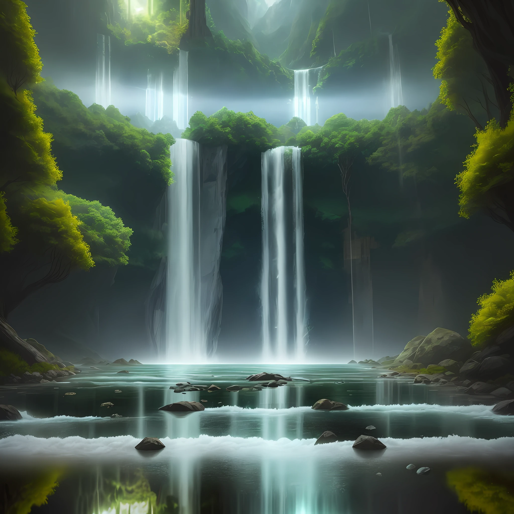 a glass container with a waterfall and mountains inside the glass, waterfall just inside the glass on the floor of a forest all illuminated by light by a lamp hanging from a forest tree, 32k, hyper sharp, hyper detailed, hyper realistic, photorealism style