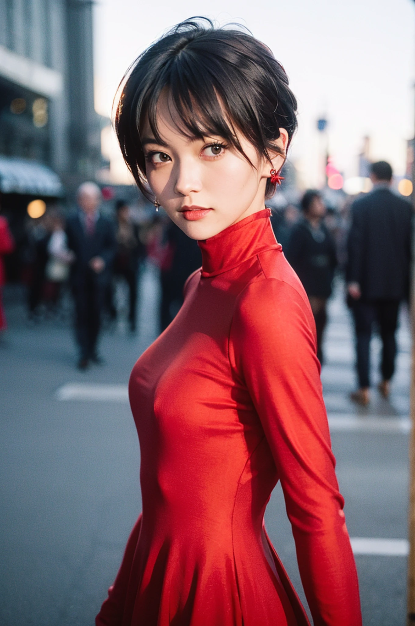 masterpiece photo, woman posing in a street at night, best quality, high res, 8k, 1girl, (small breasts), night, offshoulder, in the dark, deep shadow, low key, cold light, (people, crowds:1), gorgeous, (short hair, pixie cut), beautiful earrings, (dynamic pose:1.0), (upper body:1.2), soft lighting,(dress, red clothes, red high-neck dress:2.0, red dress:1.5), film grain, Fujifilm XT3, dslr, red lights, (skin details: 1.2), perfect body, wind, shiny skin, looking at viewer, extremely detailed, long sleeves, slight smile, film grain, Polaroid, 35mm, bokeh, depth of field