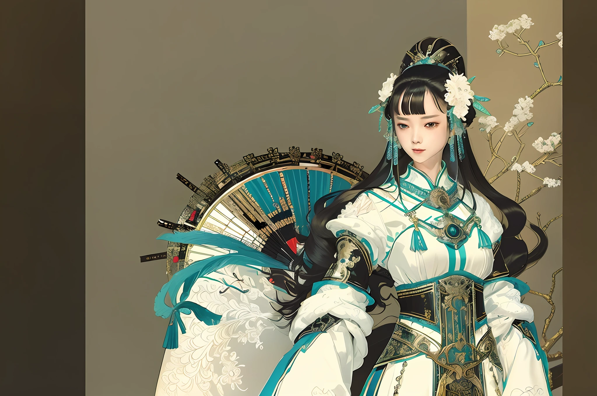 there is a woman in a white dress holding a fan, palace ， a girl in hanfu, ancient chinese princess, a beautiful fantasy empress, guweiz, a beautiful artwork illustration, beautiful character painting, guweiz on pixiv artstation, ((a beautiful fantasy empress)), artwork in the style of guweiz, guweiz masterpiece