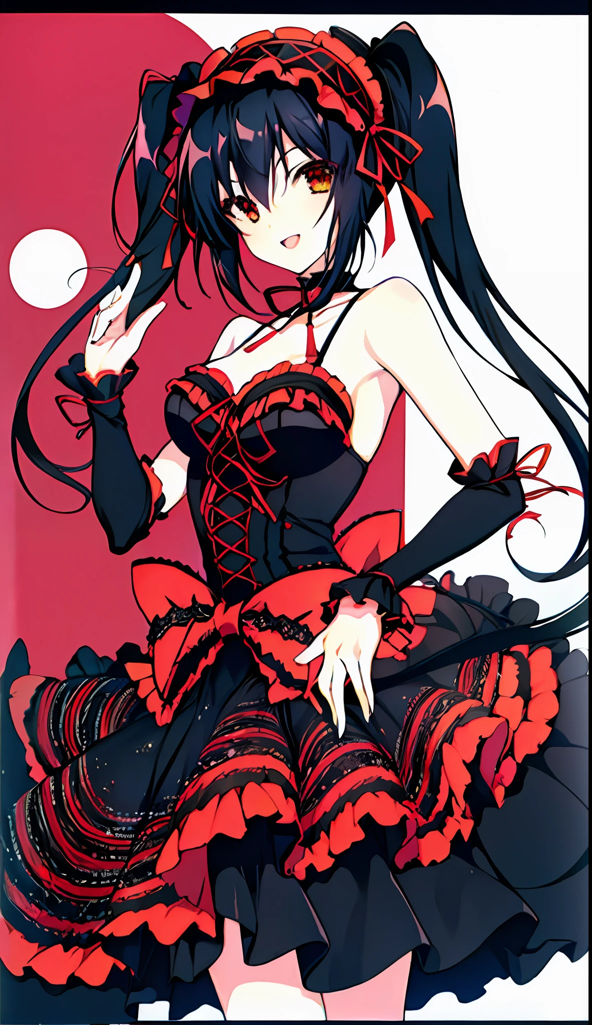 18 year old beautiful girl, masterpiece, top quality, 8K anime, 1 girl, detailed fingers, precise fingers, not unnatural hands, odd eyes, black hair twin tails, kurumi tokizaki, large breasts,