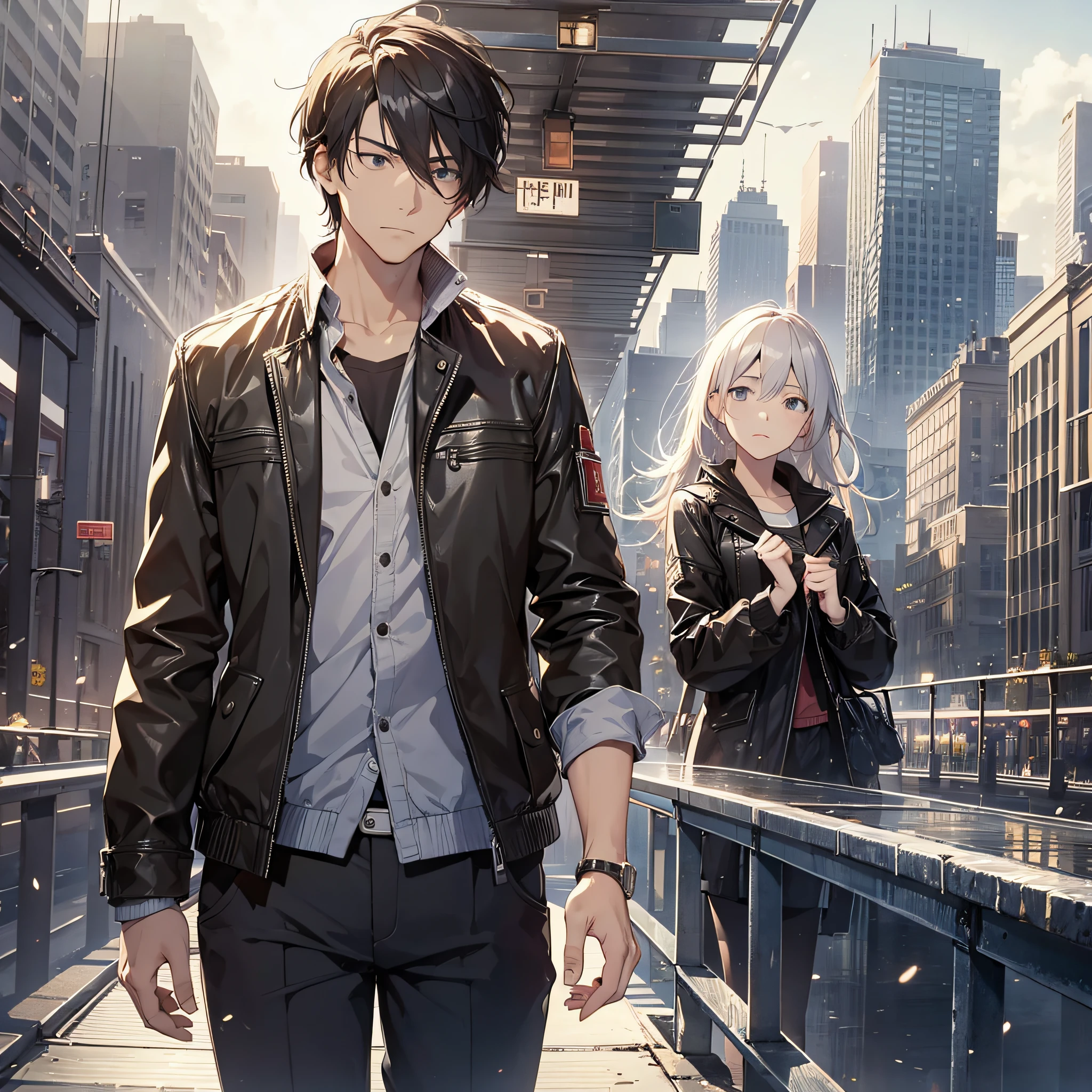 A man and a woman go in opposite directions, on the bridge, sad atmosphere, parting