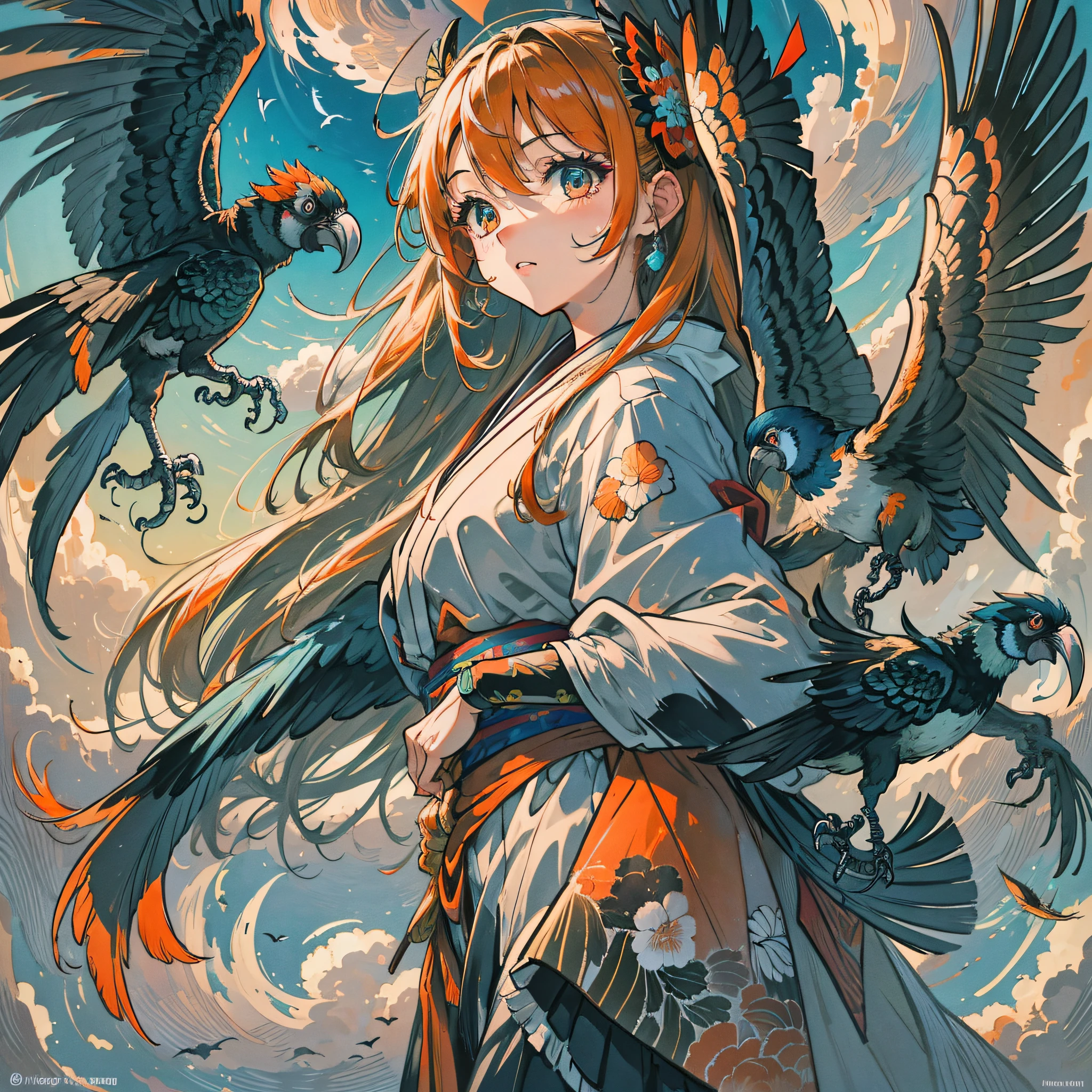 masterpiece, best quality, {best quality}, {{masterpiece}}, {highres}, drawing, 2d digital drawing, anime, 1girl, anime girl, adult, exotic, long hair, colored hair, heterochromia, colors, colorful, orange sky, macaw, macaw, bird, bird, bird, japanese clothing, kimono, flying feathers, clouds, ornithologist --auto --s2