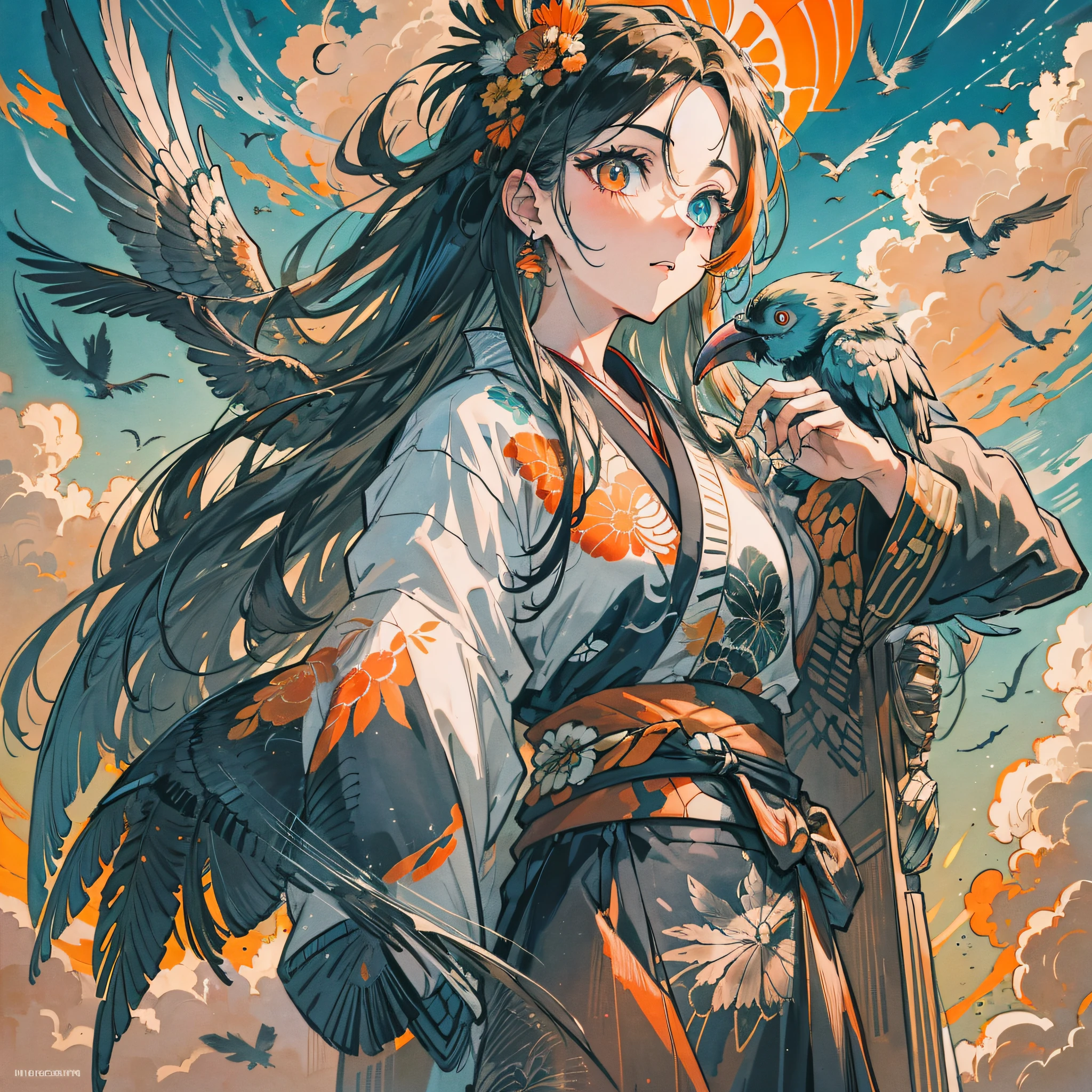 masterpiece, best quality, {best quality}, {{masterpiece}}, {highres}, drawing, 2d digital drawing, anime, 1girl, anime girl, adult, exotic, long hair, colored hair, heterochromia, colors, colorful, orange sky, macaw, macaw, bird, bird, bird, japanese clothing, kimono, flying feathers, clouds, ornithologist --auto --s2