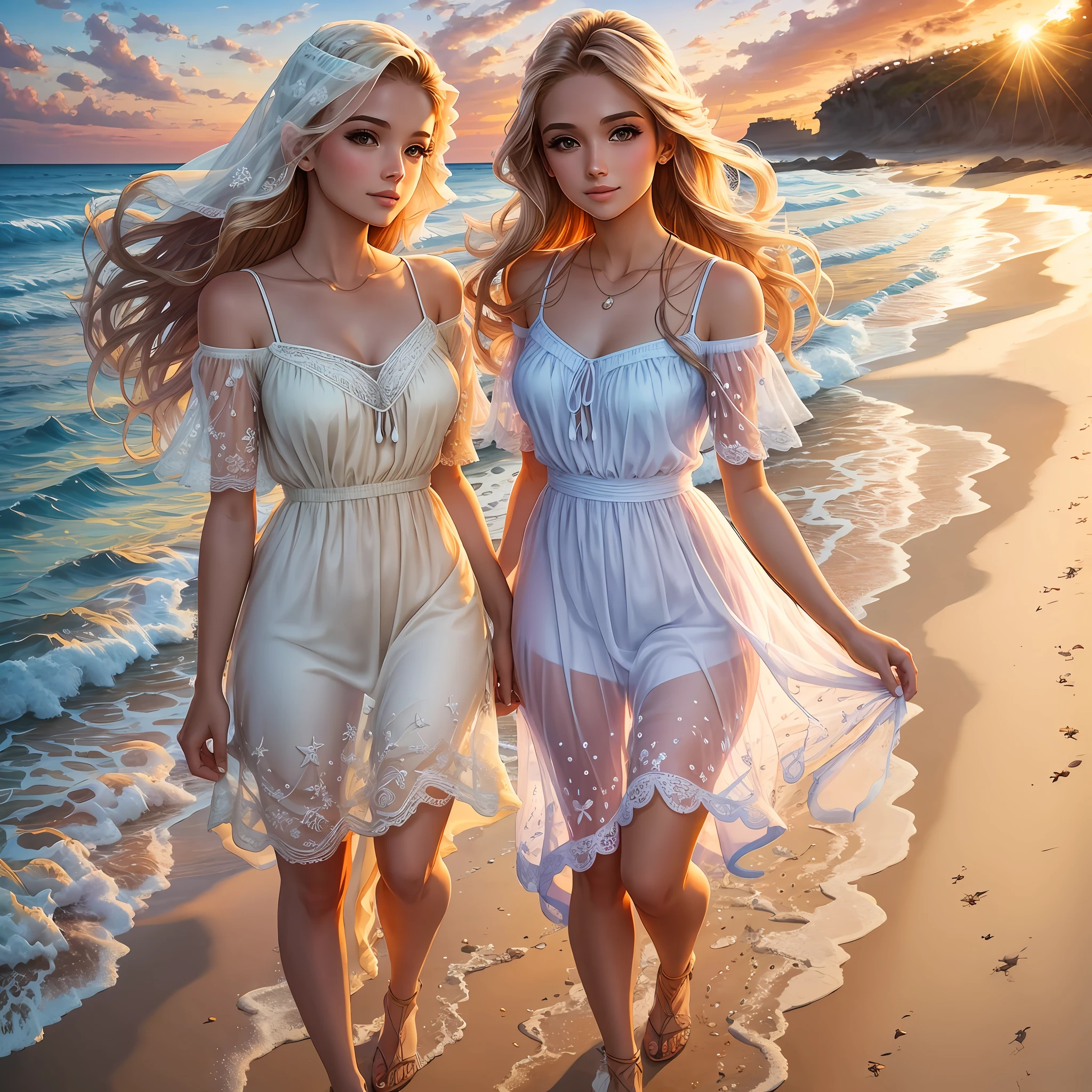 Coastal artwork, sunset, sandy beach, best quality, two beauties in their 20s, pretty woman, clothes, skirt, wearing pretty clothes, no skin exposed, asian, korean, black hair --auto --s2