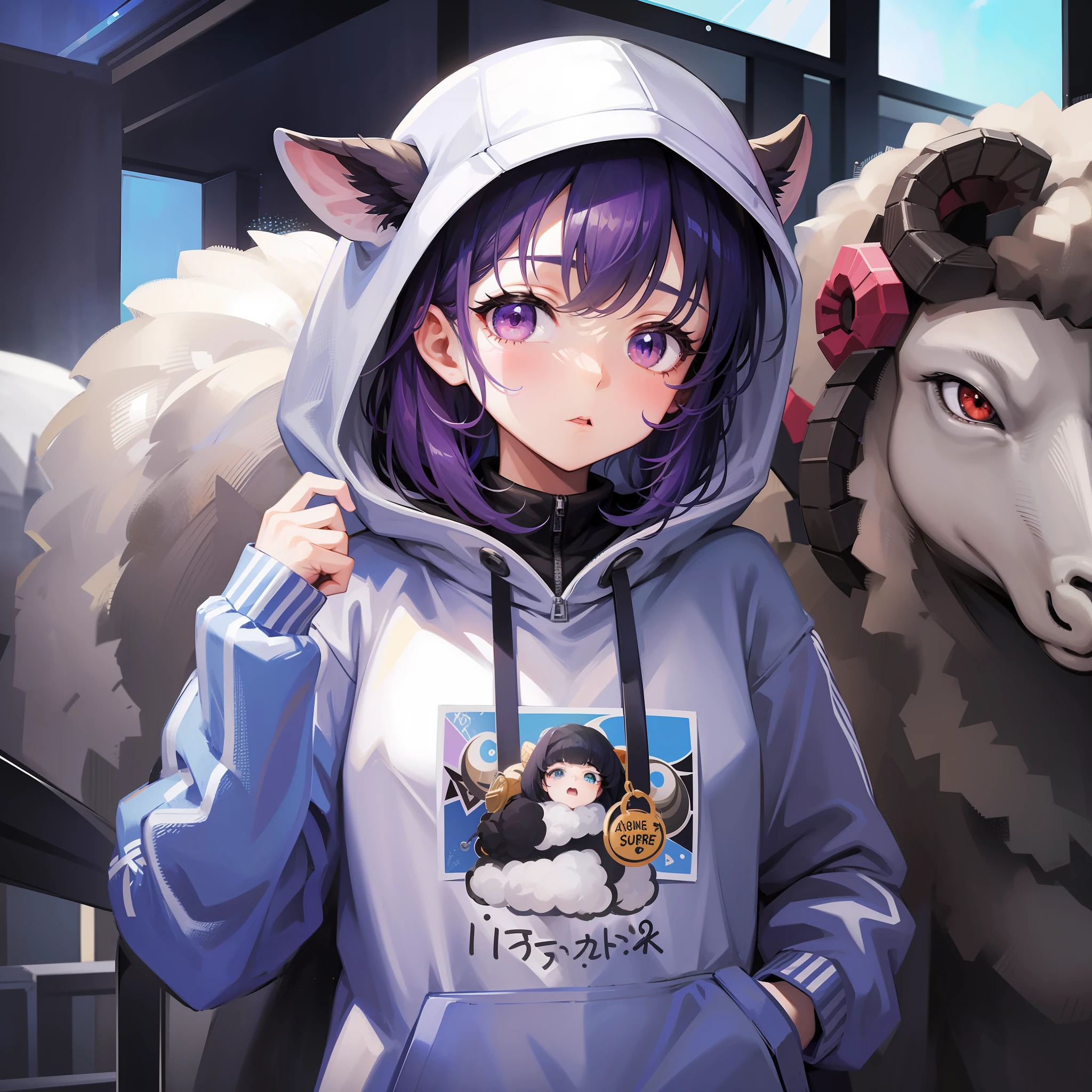 Girl in hoodie with index finger to mouth, facing camera, upper body, sheep, sheep sticker, key anime art, digital art on projectile break, anime art wallpaper 8K, anime style 4K, badass anime 8K