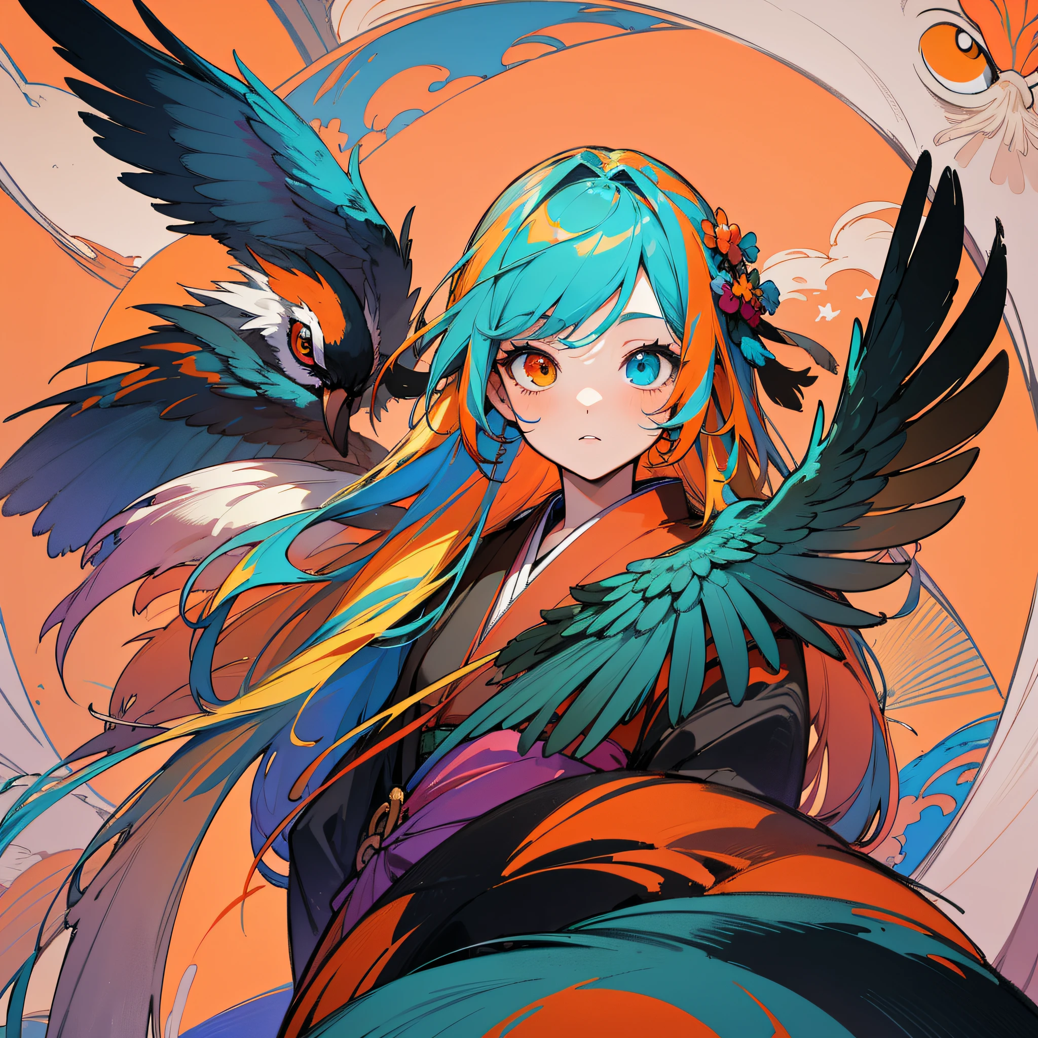 Masterpiece, best quality, {best quality}, {{masterpiece}}, {highres}, drawing, 2d digital drawing, anime, 1girl, anime girl, adult, exotic, long hair, colored hair, heterochromia, colors, colorful, orange sky, macaw, {{macaw}}, bird, bird, bird, japanese clothing, kimono, flying feathers, {{ornithologist}} --auto --s2