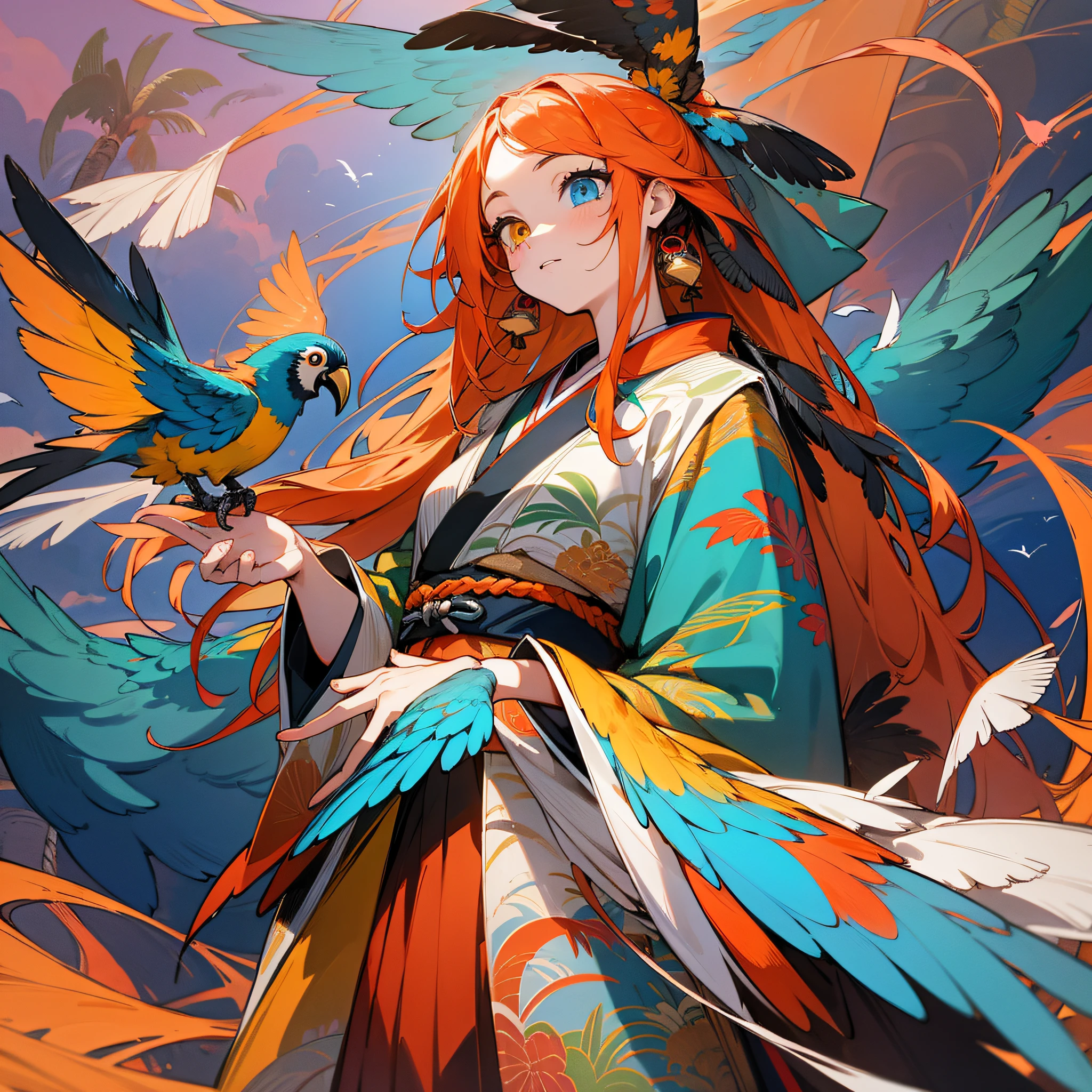 Masterpiece, best quality, {best quality}, {{masterpiece}}, {highres}, drawing, 2d digital drawing, anime, 1girl, anime girl, adult, exotic, long hair, colored hair, heterochromia, colors, colorful, orange sky, macaw, {{macaw}}, bird, bird, bird, japanese clothing, kimono, flying feathers, {{ornithologist}} --auto --s2
